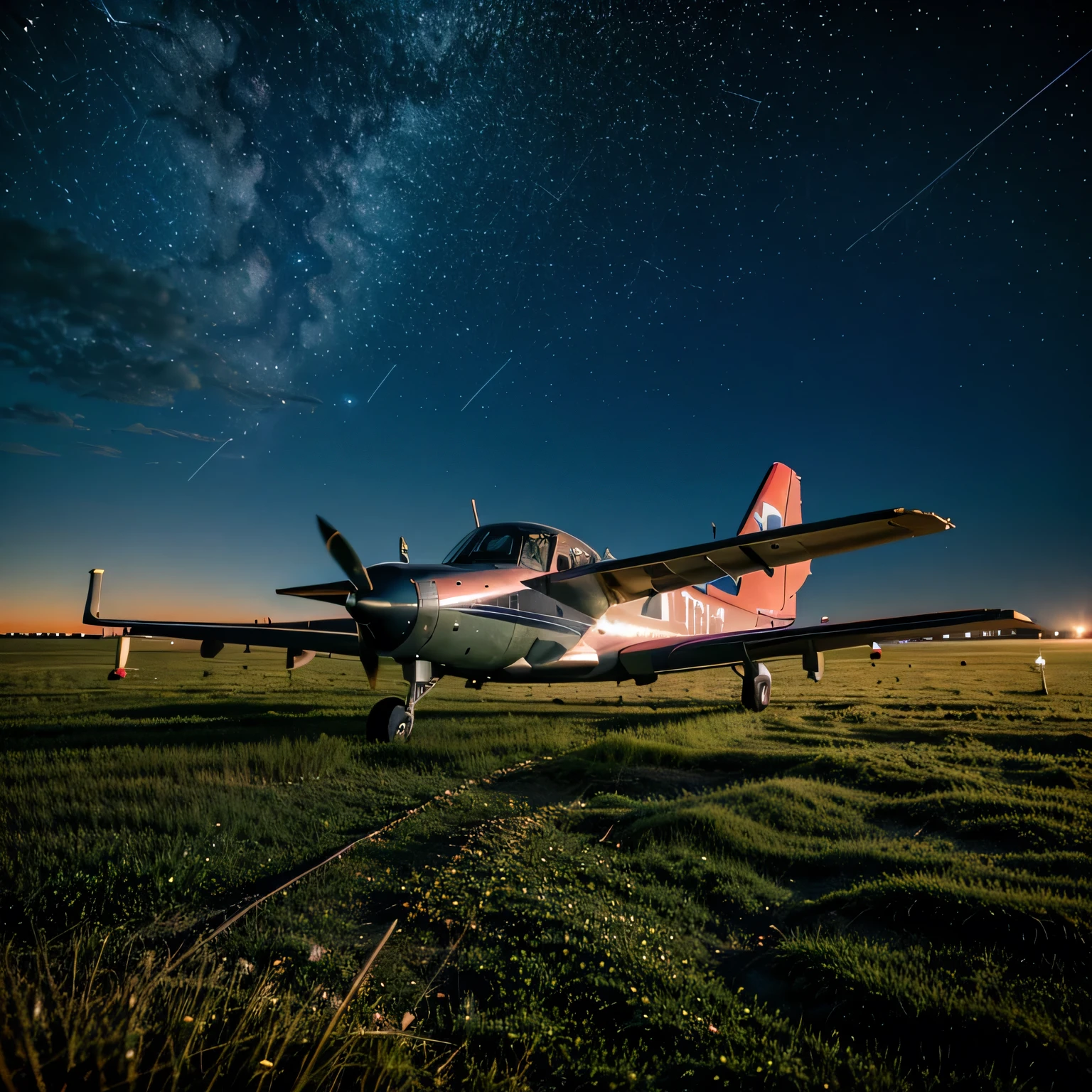 night sky view, stars glittering, shooting stars, moon, Plane grassland