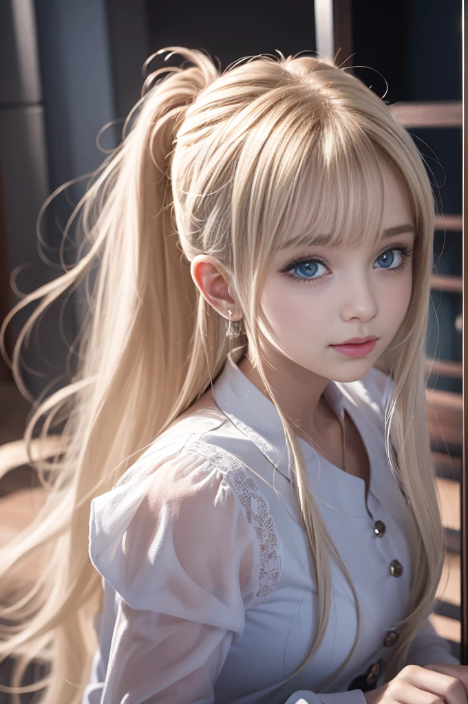 Bright expression、ponytail、Young, shiny and fair skin、best look、Blonde girl reflecting light、Platinum blonde hair,Shine、Shiny Light Hair,、Extra long silky straight hair、Beautiful bangs sparkling、Sparkling crystal clear blue eyes、very beautiful、cute、 girl、plump bust,Beautiful and delicate eyes, Beautiful and delicate nose,(( whole body:1.25)),Makeup that emphasizes the eyes、((Multipleated pleated skirt)),(A woman like Joan of Arc)、Armor、knight, With sword and shield,Royal style,Comic Style, , Subsurface scattering, Gorgeous details, Natural background, Surrealism, ((Movie)), Dramatic Lighting, On the table