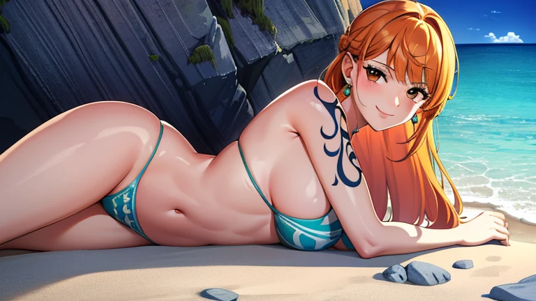 masterpiece, ((ultra detailed background, delicate pattern, intricate detail)), (highly detailed, fine details), best quality, beautiful lighting, ((medium breasts, slim girl)), NamiFinal, ((bikini, swimsuit)), simple shirt, 1girl, orange hair, solo, long hair, jewelry, brown eyes, smile, earrings, ((blue tattoo, left shoulder tattoo)), (complex detailed background, barren land, rocks, ocean, oustide, nature environment), (cowboy shot), topless, bare breasts laying down on side looking at camera