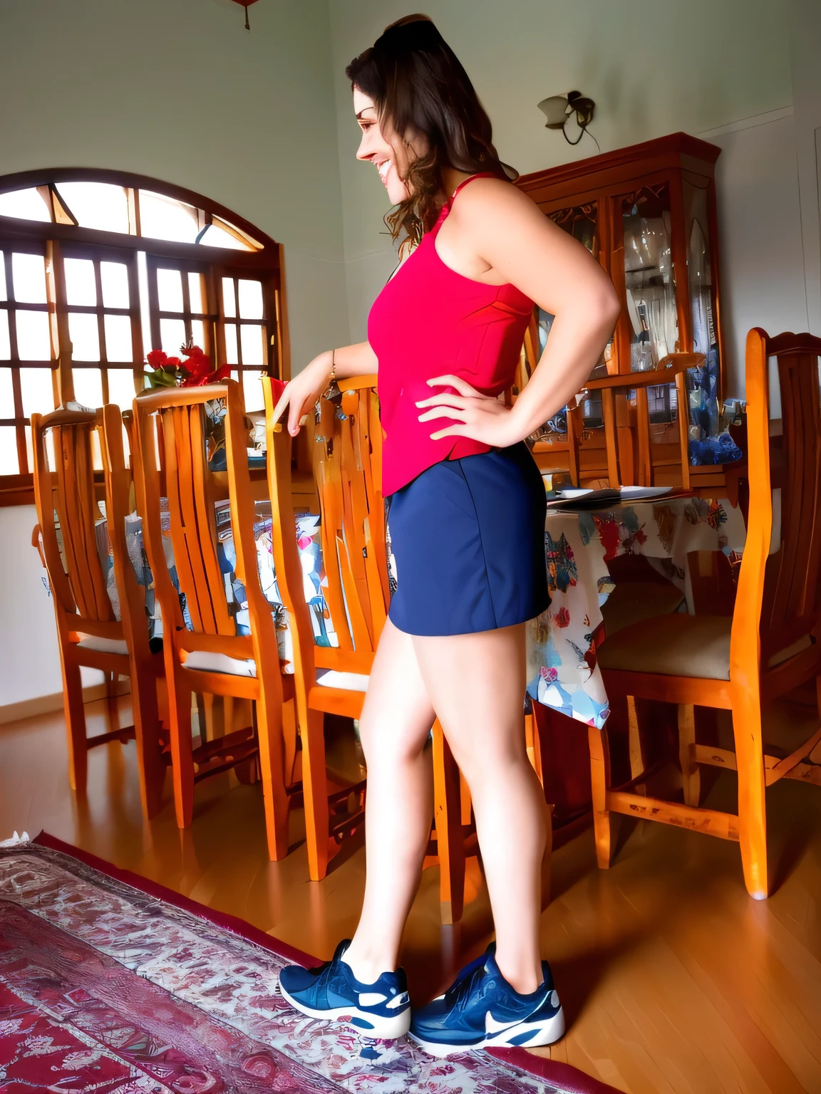 A beautiful white Brazilian woman stands in a dining room with an arched window, wearing a red blouse and blue shorts/skirt. She has her hand on the back of a wooden chair, smiling at something off camera. The living room has a table with a floral tablecloth, chairs and a china cabinet. there is a woman standing on a rug in a room, side shot, side pose, side portrait, wearing blue skirt/shorts and red rtop, in shorts, side view of her taking steps, sports bra and dark blue shorts, short stout woman, full body view, side profile photo, attacking the camera: 4, posed in profile, from the side, photo from the middle of the waist up