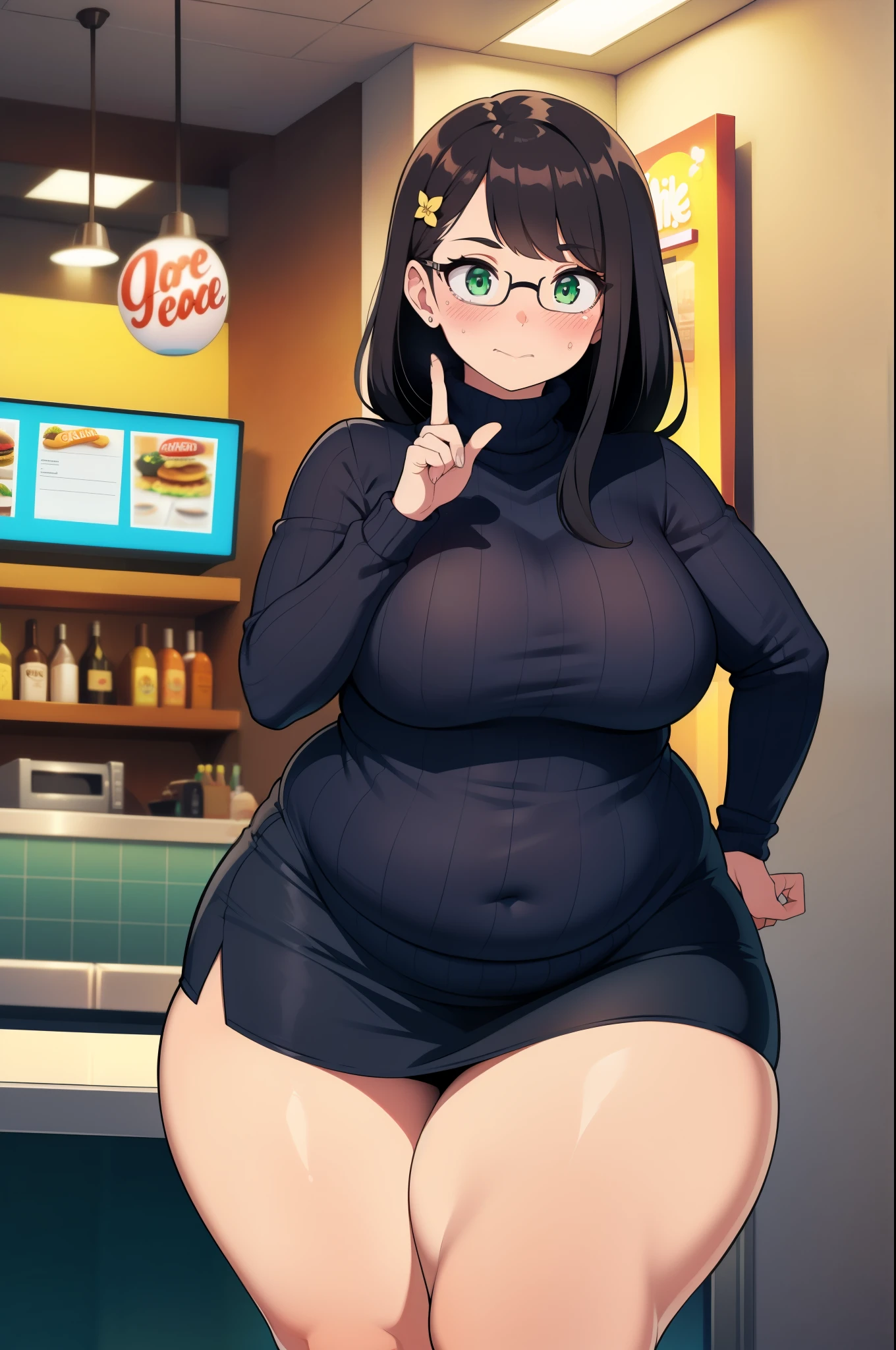 ((Masterpiece)), perfect anatomy, perfect shading, field of depth, (best quality), extremely delicate and beautiful, perfect lighting, detailed face, ultra cute face, cute, ((1girl)), ((solo))
long fluffy black hair, glasses, green eyes, ((blush)), nervous, looking at viewer, sweater, short skirt, medium breasts, ((thick thighs)), (wide hips), ((plump)),
intricate background, detailed background, fast food restaurant,