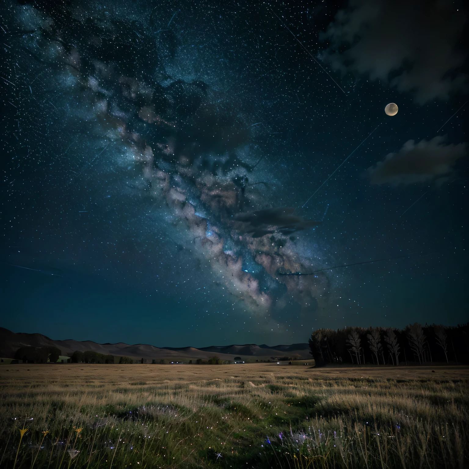 night sky view, stars glittering, shooting stars, moon, grassland, milky-way galaxy