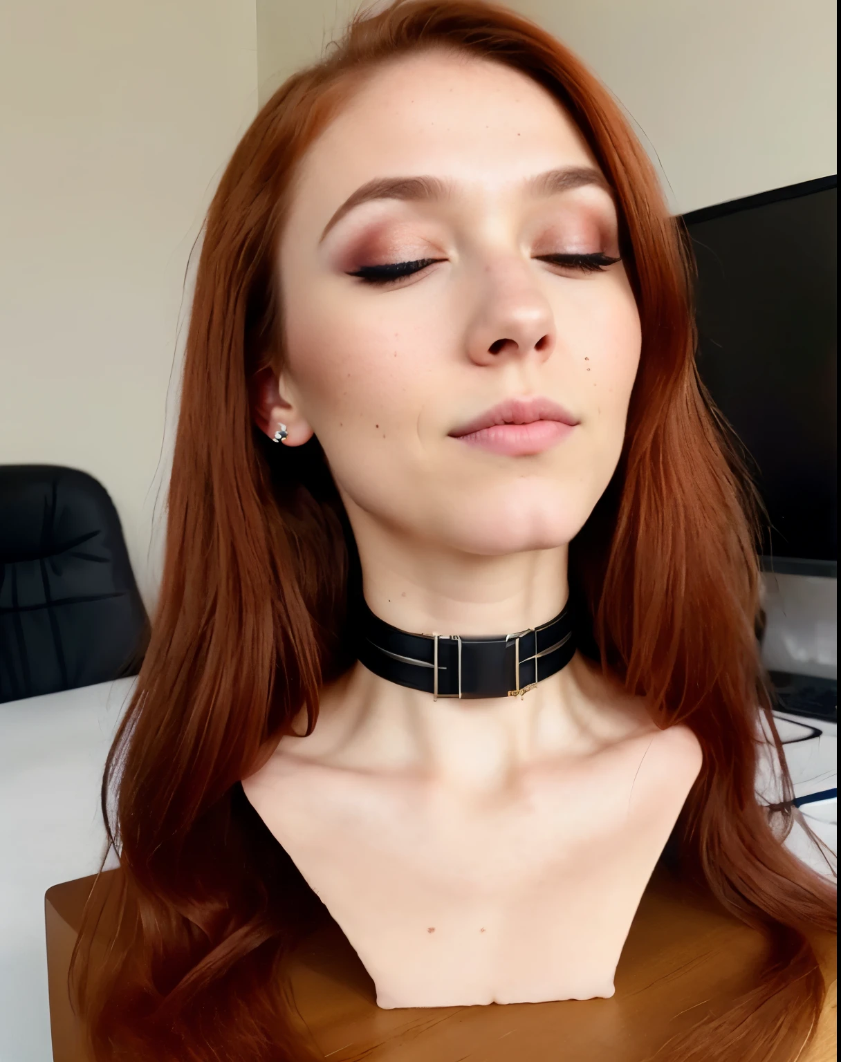 (masterpiece, best quality: 1.2), 1 girl, goth makeup, solo, latina, redhead, /close-up of face), amateur photo, selfie, neckline, sexy, puta, bare  , nsfw, sexy, nude, amateur photo, sad look, looking down at viewer, natural skin texture, motel bedroom, neon lights, 24mm, 4k textures, bright cinematic light, RAW photo, photorealism, photorealistic, intricate, elegant, highly detailed, sharp focus, ((((((cinematic look)))), soft tones, insane details, intricate details, hyperdetailed, low contrast, soft cinematic light, bright colors, exposure mix, hdr, wearing choker, 