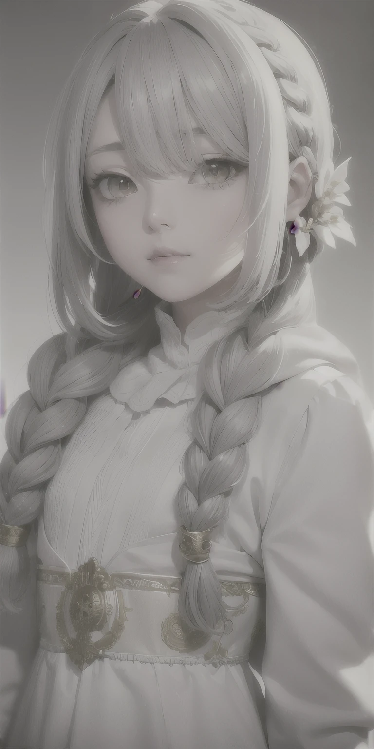 highest quality, masterpiece,Gray Hair, Golden Eyes,White clothes, look up, Upper Body,hair,Fair skin,Side braid