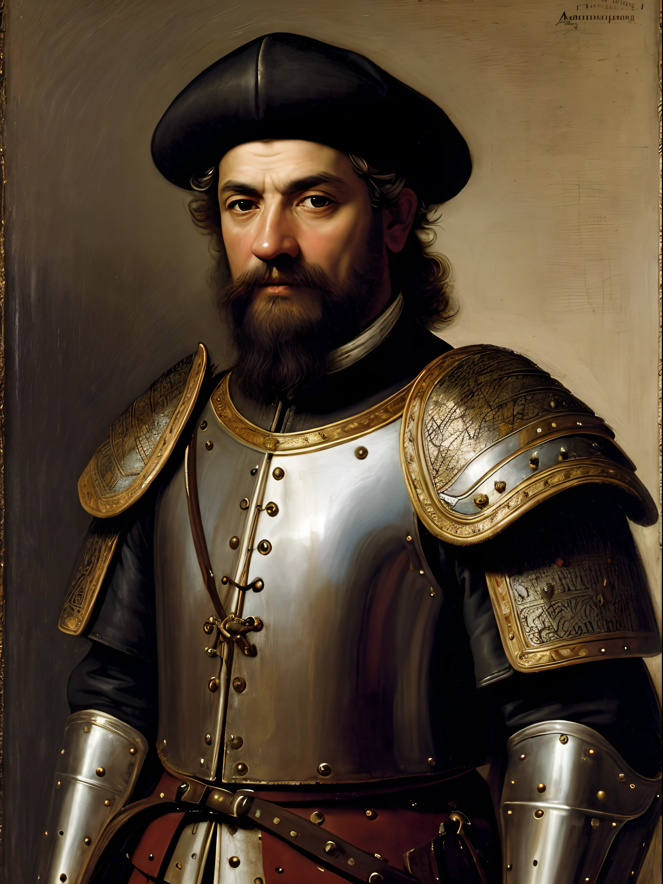 Um soldado medieval em uma armadura espanhola de Gambosin, dia, atracar, Middle East, pele escura, cabelos grisalhos, Medieval aesthetics, sharp focus, detalhes intrincados, Altamente detalhado, profundidade de campo, sharp focus, alto detalhe, Impressionism, without helmet or hat, Detailed oil painting, Vidros, tenebrismo, atrapalhando, oil painting, Estilo barroco, por Rembrandt, by Artemisia Gentileschi