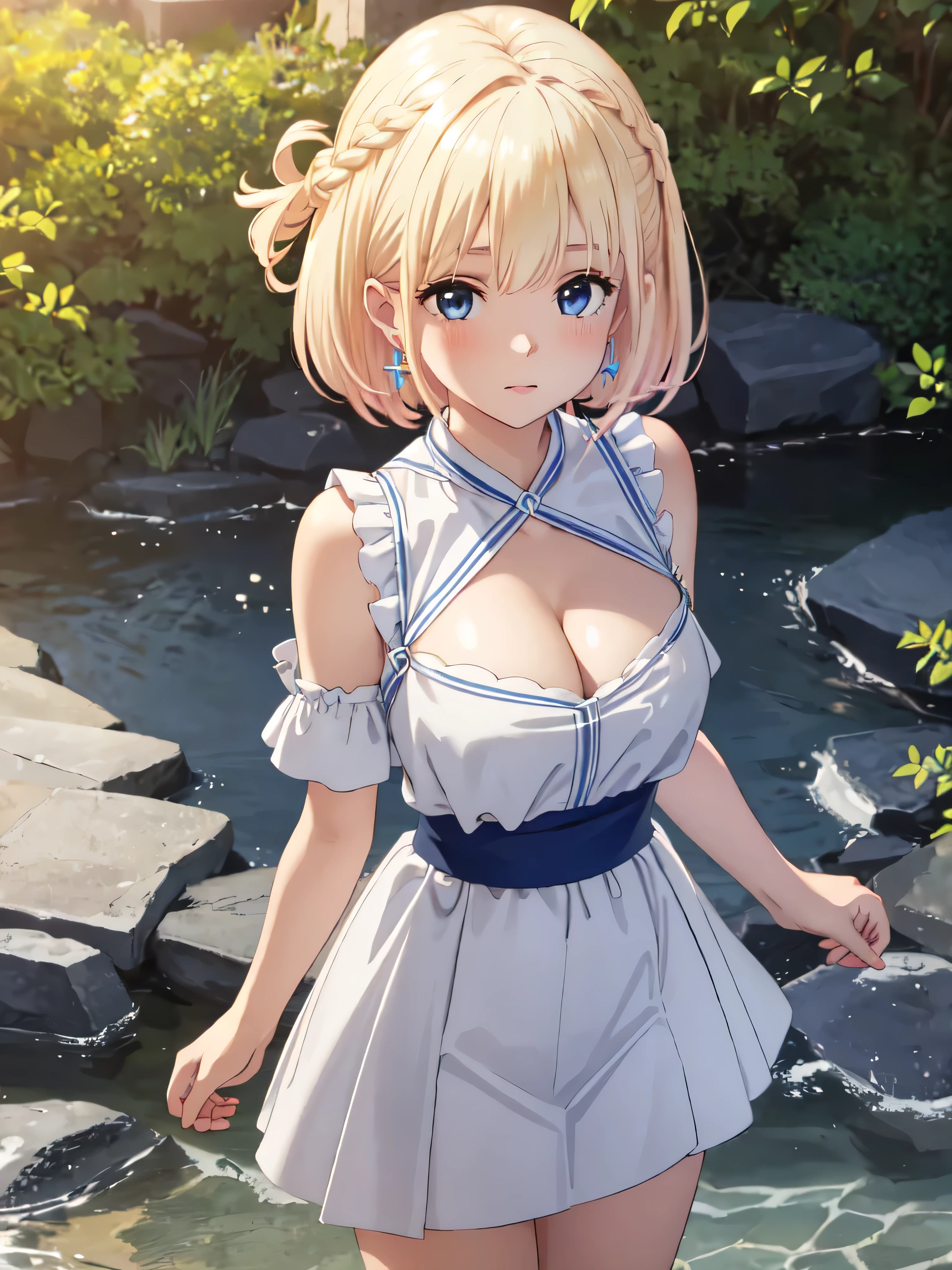 masterpiece, best quality, ultra detailed, highres, extremely detailed CG unity 8k wallpaper, perfect lighting,  very detailed background, Outdoor、beautiful and aesthetic,sharp focus, perfect face, Perfect hands、Perfect Fingers、Perfect toes、Five fingers、
Glossy blonde、blue eyes、White clothes, look down、Upper Body、Fair skin、Short Bob、Completely wet、French Braid、Blushing、Blunt bangs、Hoop Earrings、Gradient Hair、The left sideburn is longer than the right、(Hide your arms behind your body:1.2)、cleavage,cleavage cutout、(twinkle(in the eyes):1.2)、Pull up your skirt