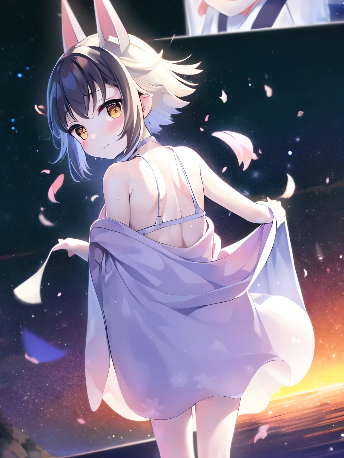 (Two Japanese girls)、The best、masterpiece, 最high quality, high quality, High precision,Highly detailed 8K wallpapers、Pure、sorrow、Neo Venice、Uyuni salt lake、horizontal line、White Knight、Reflective water surface、In the wide sea、(My shoulders are red、Flushed skin)、(Off the shoulder、Cute Shrine Maiden、Sexy Ribbon、Awahime、Hair blowing in the wind、Shiny Hair、Glowing Skin、beautiful spotlight、Amateur idol photoshoot、Full body portrait)、（Image idol sculpture、A lovely idol pose）、Heavy breathing、(Wide sky、infinity mirror、Beautiful backlight)、Cutedaughters、cute kids、(Exposed breasts、Sweat runs down your chest)、Mojimoji、(A shy smile)、defenseless、cute squid belly、back、🌟 Delicate and beautiful eyes、Beautiful eyes illuminated by the light、Shiny Hair、Reflected Eyes、.(Look at the sky:1.3).(Red face:1) . (CG paintings with attention to detail),(Perfect image).、A little excitement、Thin chest、cute smile、Thin body、Before menarche、（girl、、Fox Ears、Feather hair ornament、Brown Hair、Gray Hair、Slimming、cute chest、Small breast protrusion、cute belly、cute thighs、Cute barefoot、cute, cute smile）、（girl、wife、daughter、younger sister）、Low Angle、Colorful sky、Contrail、shooting star、rainbow