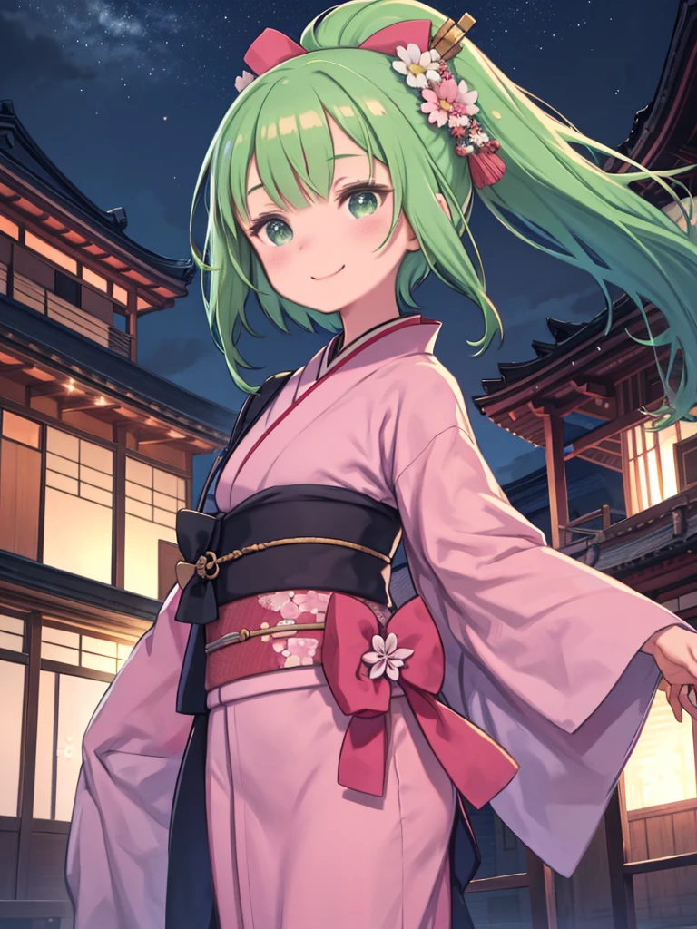 A woman in a kimono standing in front of a building、masterpiece、Kanroji Mitsuri、pink and green hair、smile、night、Heart Dance、Pink Japanese sword