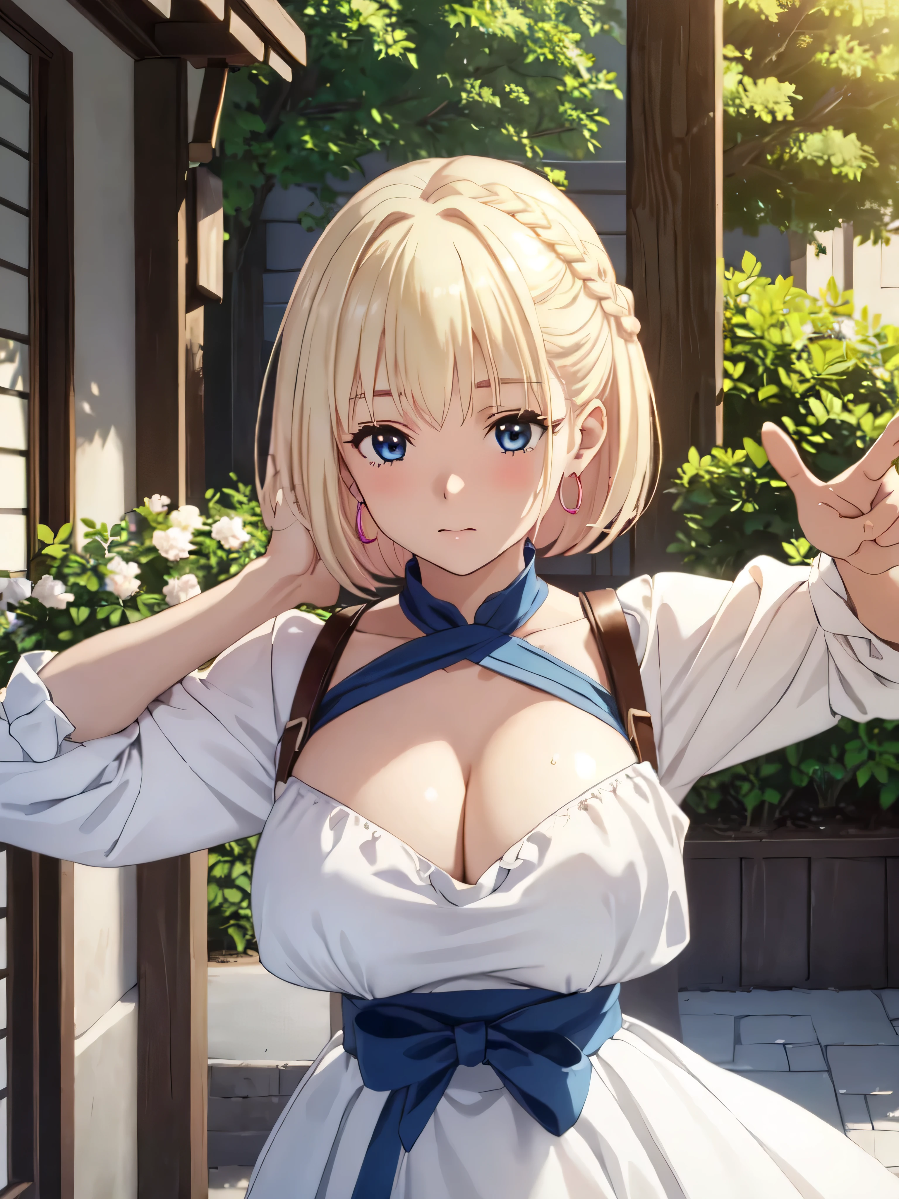 masterpiece, best quality, ultra detailed, highres, extremely detailed CG unity 8k wallpaper, perfect lighting,  very detailed background, Outdoor、beautiful and aesthetic,sharp focus, perfect face, Perfect hands、Perfect Fingers、Perfect toes、Five fingers、
Glossy blonde、blue eyes、White clothes, look down、Upper Body、Fair skin、Short Bob、Completely wet、French Braid、Blushing、Blunt bangs、Hoop Earrings、Gradient Hair、The left sideburn is longer than the right、(Hide your arms behind your body:1.2)、cleavage,cleavage cutout、(twinkle(in the eyes):1.2)、Pull up your skirt