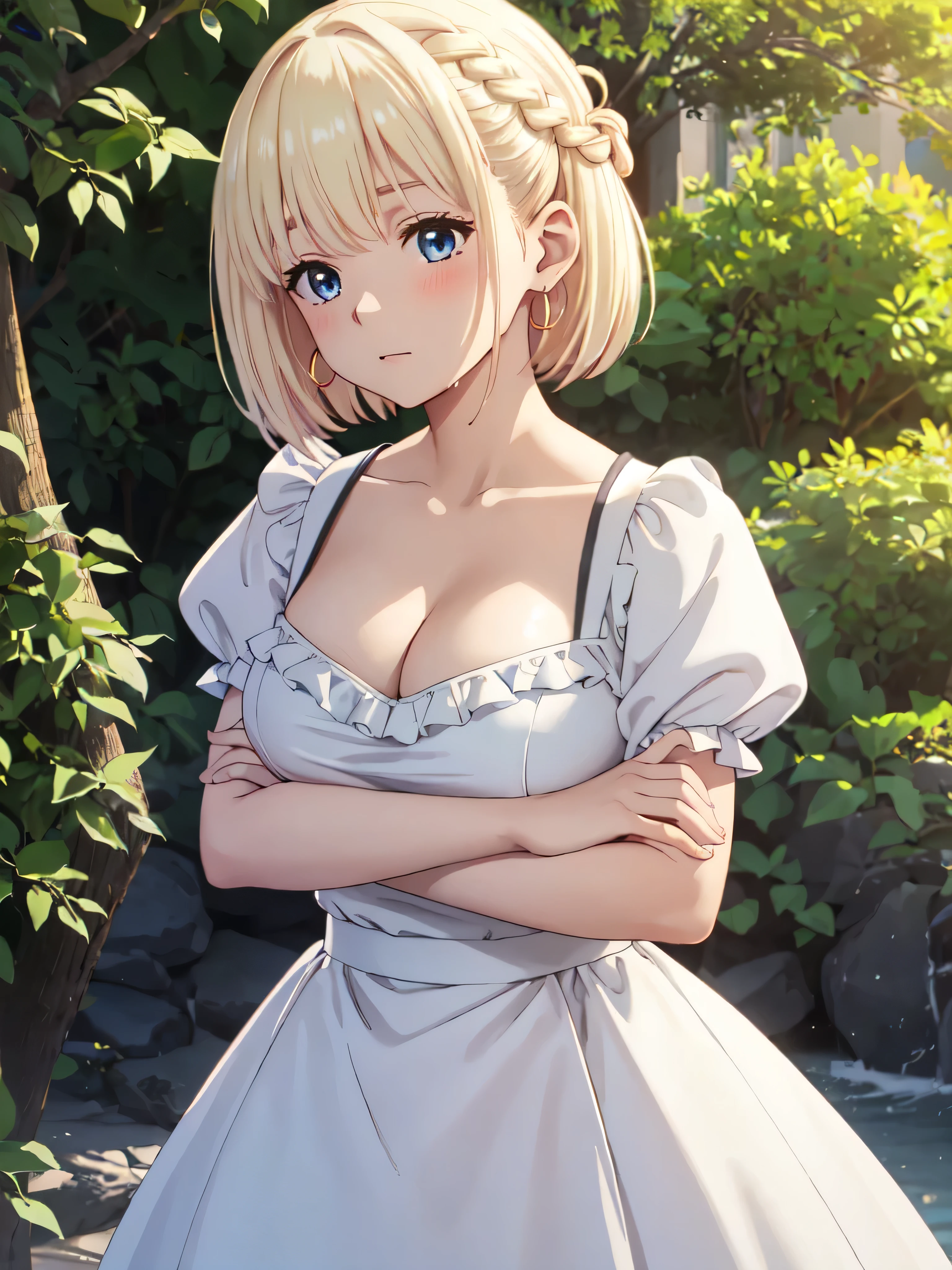 masterpiece, best quality, ultra detailed, highres, extremely detailed CG unity 8k wallpaper, perfect lighting, very detailed background, Outdoor、beautiful and aesthetic,sharp focus, perfect face, Perfect hands、Perfect Fingers、Perfect toes、Five fingers、
Glossy blonde、blue eyes、White clothes, look down、Upper Body、Fair skin、Short Bob、Completely wet、French Braid、Blushing、Blunt bangs、Hoop Earrings、Gradient Hair、The left sideburn is longer than the right、(Hide your arms behind your body:1.2)、cleavage,cleavage cutout、(twinkle(in the eyes):1.2)、Pull up your skirt