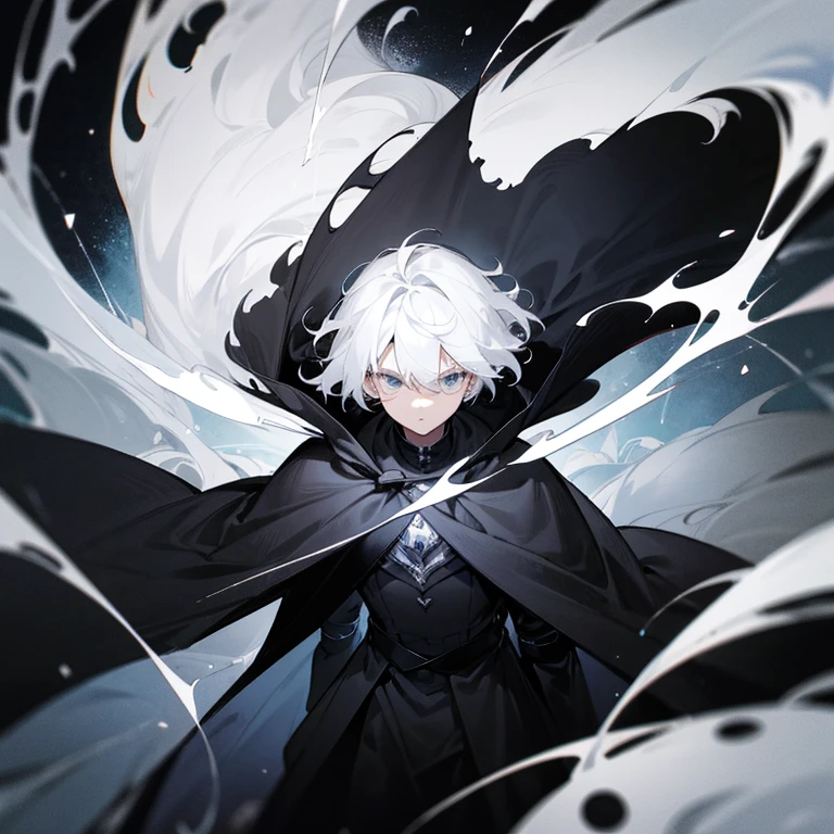 1 guy, black and white hair, black and white cape, black outfit, black hole behind, front facing, swirls,