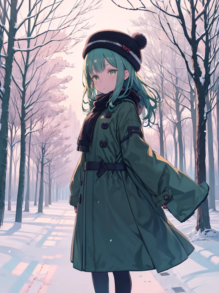 Green Hairと帽子をかぶって雪の中に座っているアニメの女の子、(highest quality,4K,8k,High resolution,masterpiece:1.2), Ceres Fauna, Green Hair, Yellow Eyes, beautiful woman in winter clothes, Snowy places, Winter landscape, Cozy atmosphere, Snow covered trees々, soft falling snow, Warm winter coats, Stylish winter hats, Snow covered ground, Cold breath, winter boots, Quiet Solitude, Quiet environment, Quiet atmosphere, Delicate winter colours, Natural light