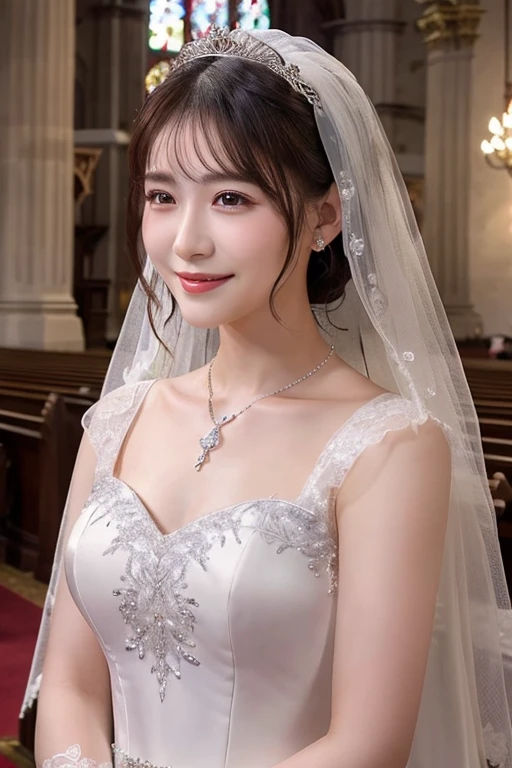 An incredible decision、High resolution、(masterpiece:1.4)、Ultra-detailed、Sharp details、Upper Body View、Dramatic and realistic painting art、Woman in snow white wedding dress、Gorgeous hair ornament、Sparkly necklace、Wedding in a beautiful church、Side attendees、A shy smile、