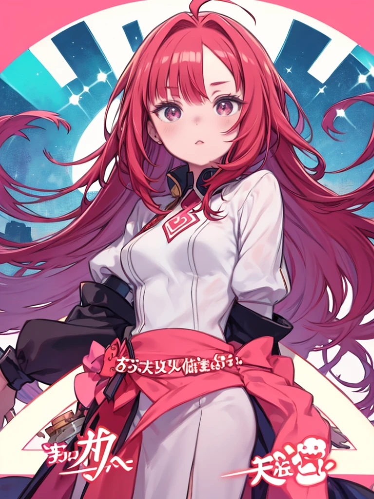 Cartoon image of a woman with long hair and pink background、Red Hair Girl, Redhead, red ahoge and, Eyes the color of honey