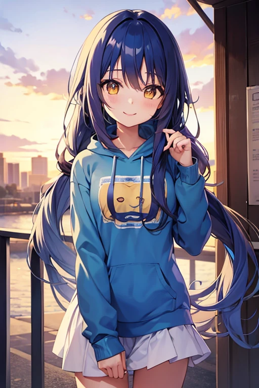 anime girl with blue long hair dreadlocks, eyes yellow, smile, sweatshirt