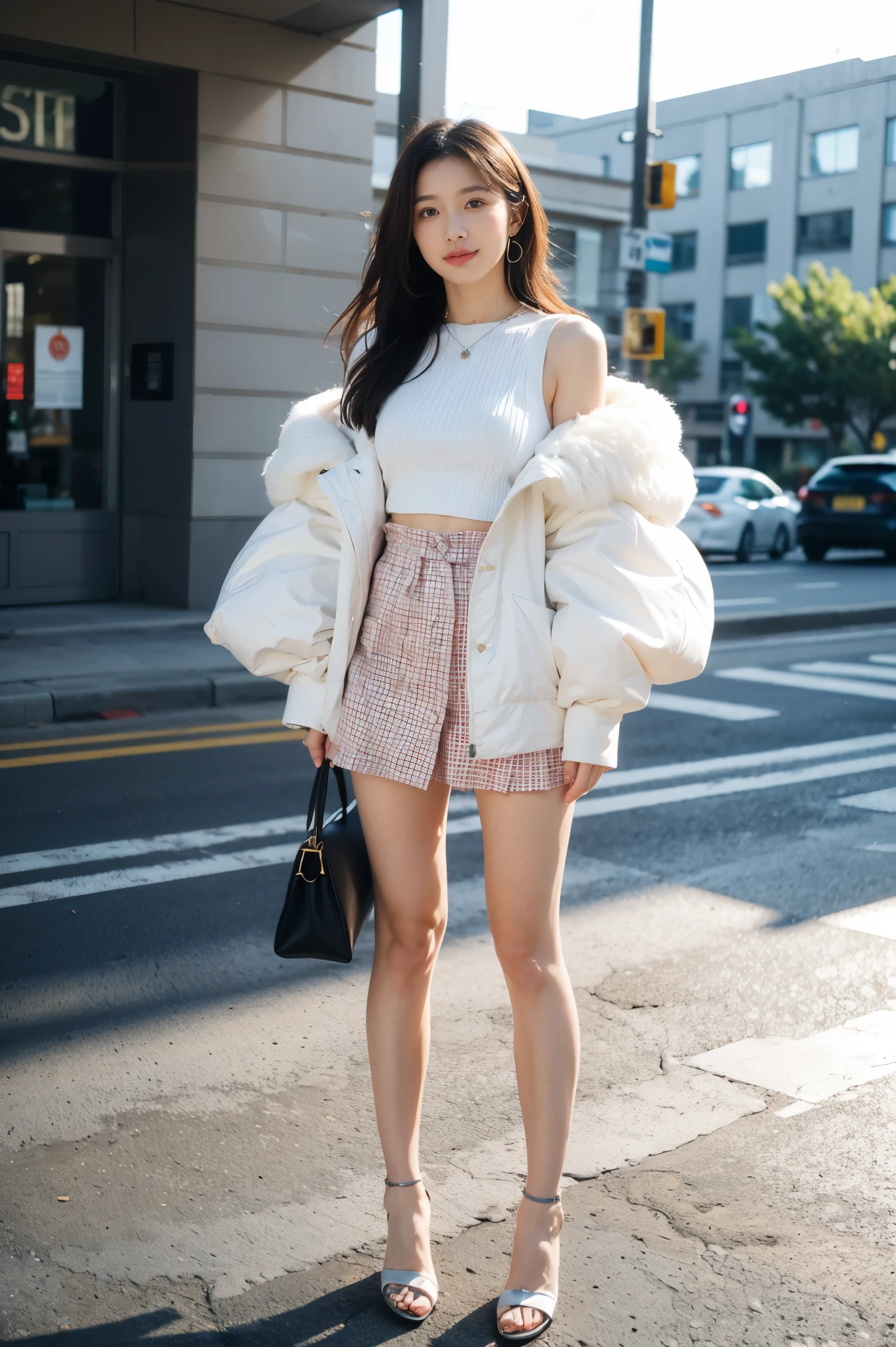 She can stand the outfit, But he's not wearing any clothes, She will be happier., Artistic medium, Bright and vibrant colors, Vivid lighting, Realistic eyes, Exquisite body details, Playful and light-hearted expression, outdoor setting, Summer atmosphere, Lush greenery, Aesthetic atmosphere