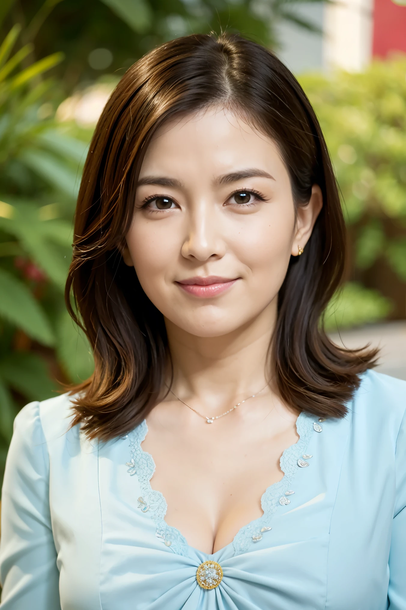 最high quality, 8k, Masseter muscle area, Lifelike, Sharp focus, high quality, High resolution, solo, Middle-aged women, Beautiful woman, Age 35, ((Highly detailed and realistic faces)), (Highly detailed eyes), (Thick lips), ((Look at the viewers)), Plump figure, Beautifully styled hair, Cleavage, Brightly colored patterned dress, Afternoon in front of the park garden