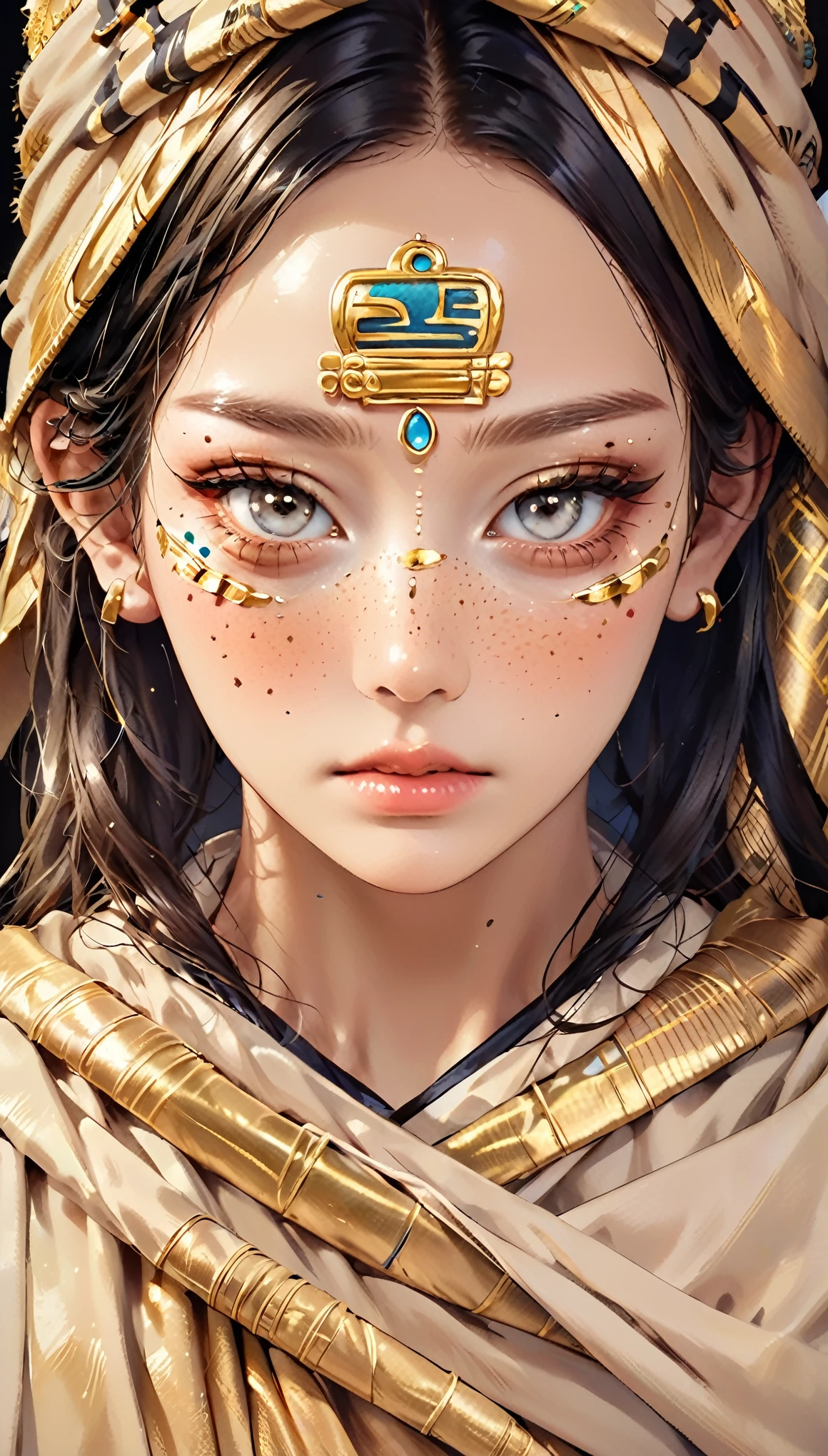 "(Mejor calidad,high resolution),primer plano de la cara de una momia,covered in bandages with golden hieroglyphs,(detallado:1.1),(colores vivos e intensos:1.1),(realista:1.1) graphic art style,Espantoso,cuencas de los ojos con brillantes ojos dorados,detallado wrinkles, Dark circles under the eyes."
