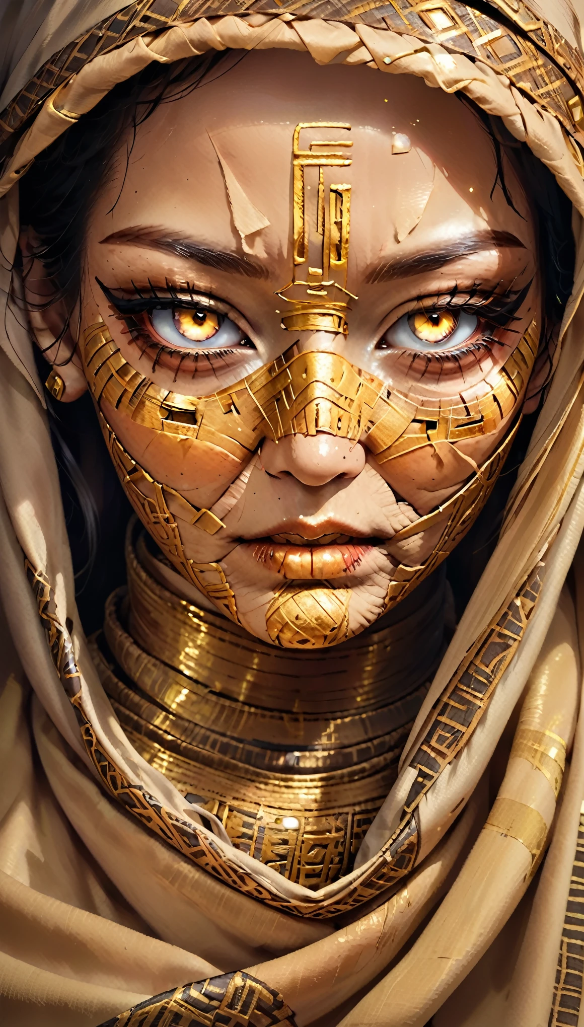(best quality,highres,ultra-detailed:1.2),close-up of the face of a mummy,covered in bandages with golden hieroglyphics,detailed,golden and glowing eyes,vivid and intense colors,dark circles,realistic,graphic art,terror