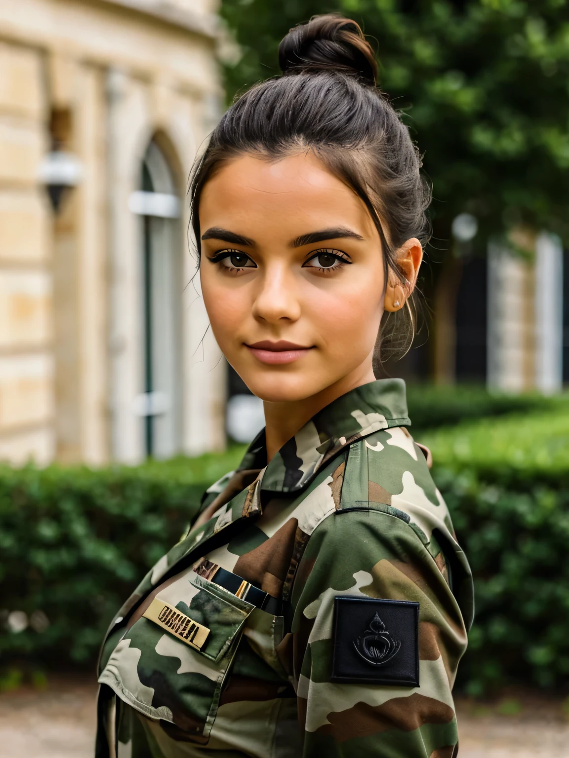 FRENCH, gros seins, Cheveux noirs, messy bun, treillis militaires camouflage, outside, caserne, regard aimant