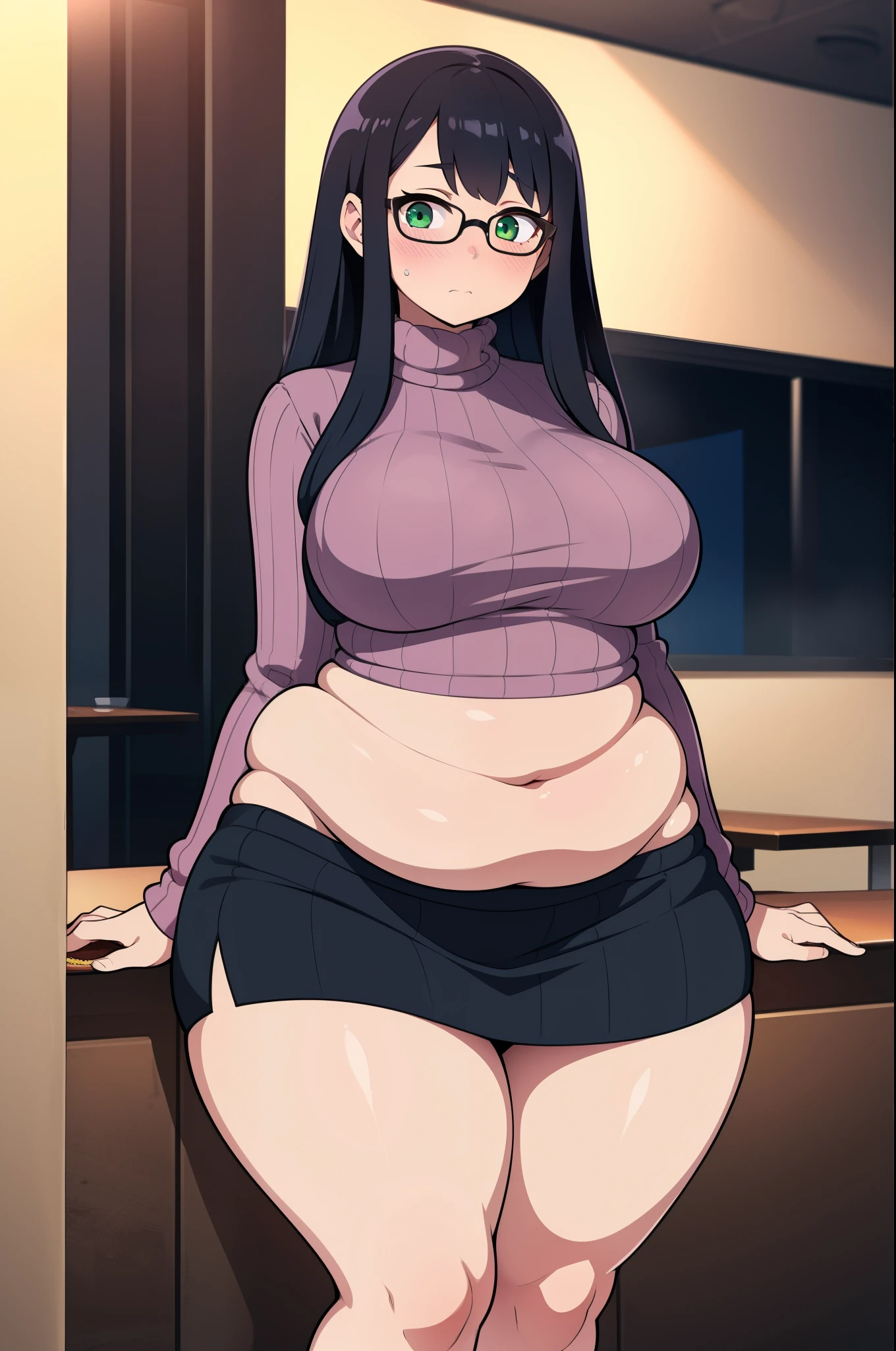 ((Masterpiece)), perfect anatomy, perfect shading, field of depth, (best quality), extremely delicate and beautiful, perfect lighting, detailed face, ultra cute face, cute, ((1girl)), ((solo))
long fluffy black hair, glasses, green eyes, ((blush)), nervous, looking at viewer, sweater, short skirt, medium breasts, ((thick thighs)), (wide hips), ((plump)),
intricate background, detailed background, fast food restaurant,