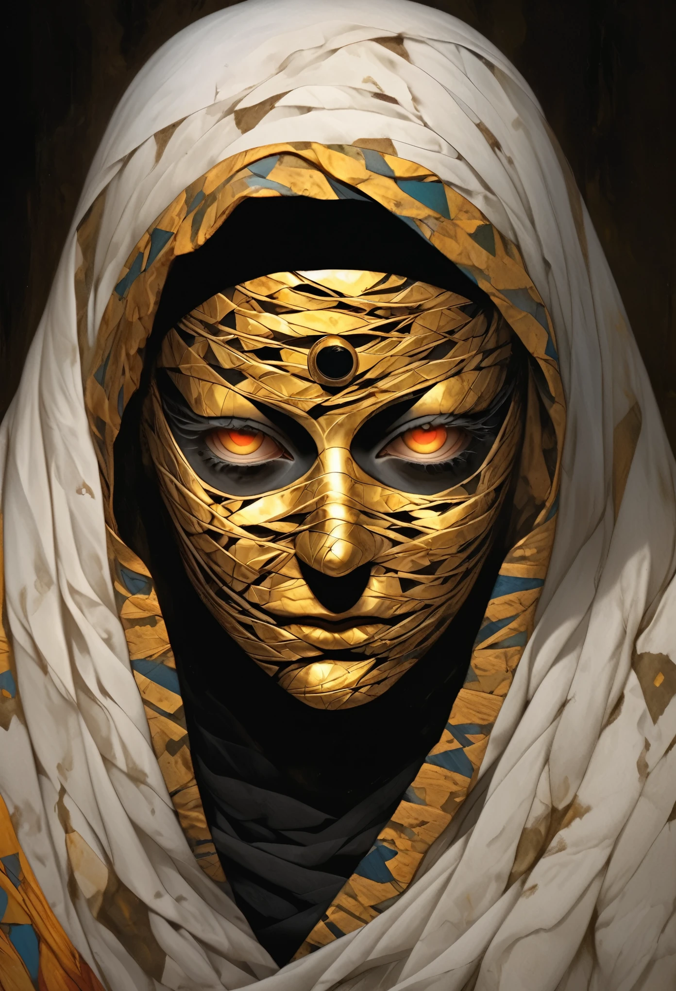 (best quality,highres,ultra-detailed:1.2),close-up of the face of a mummy,covered in bandages with golden hieroglyphics,detailed,golden and glowing eyes,vivid and intense colors,dark circles,realistic,graphic art,terror