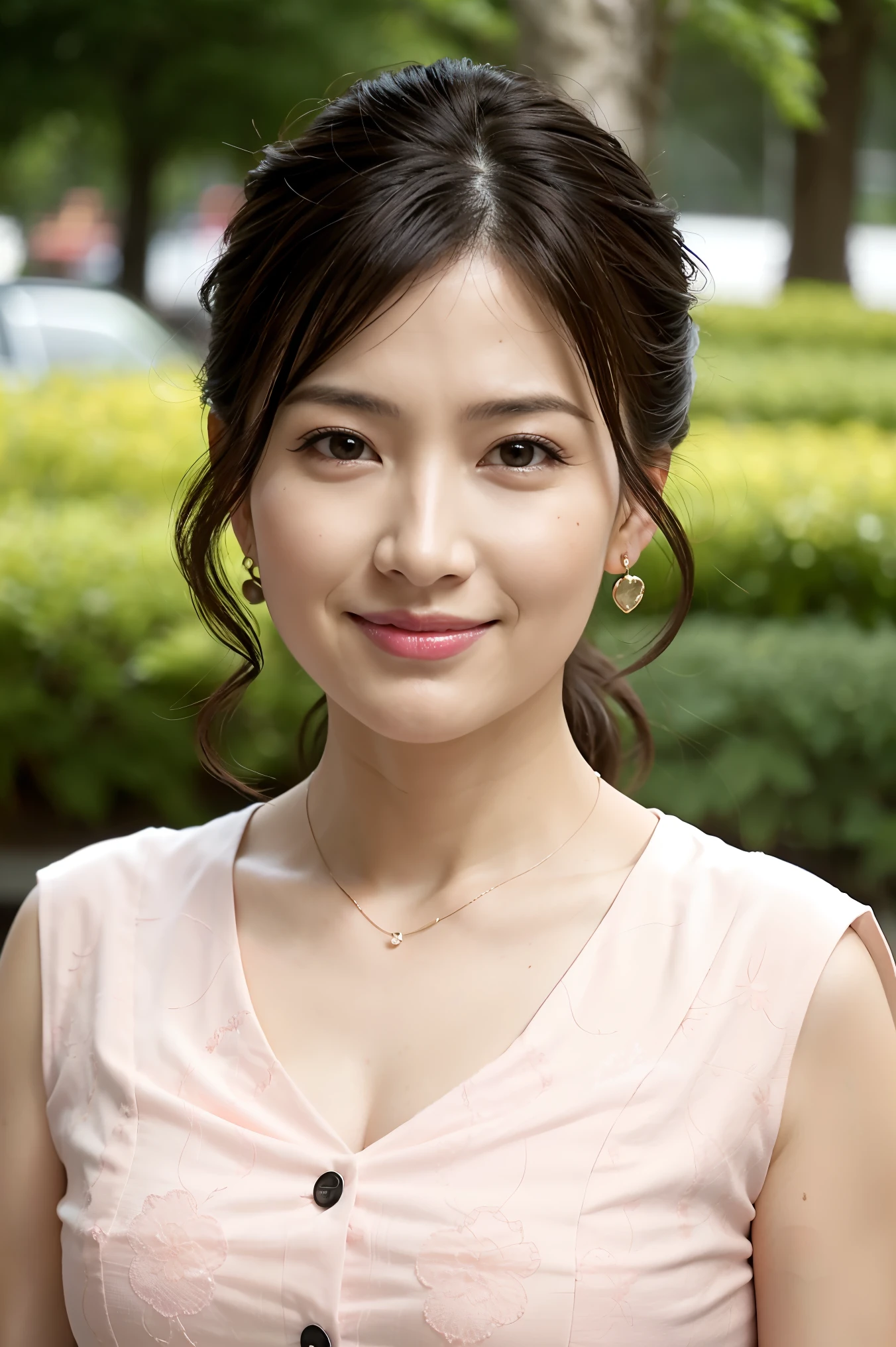 最high quality, 8k, Masseter muscle area, Lifelike, Sharp focus, high quality, High resolution, solo, Middle-aged women, Beautiful woman, Age 35, ((Highly detailed and realistic faces)), (Highly detailed eyes), (Thick lips), ((Look at the viewers)), Plump figure, Beautifully styled hair, Cleavage, Brightly colored patterned dress, Afternoon in front of the park garden