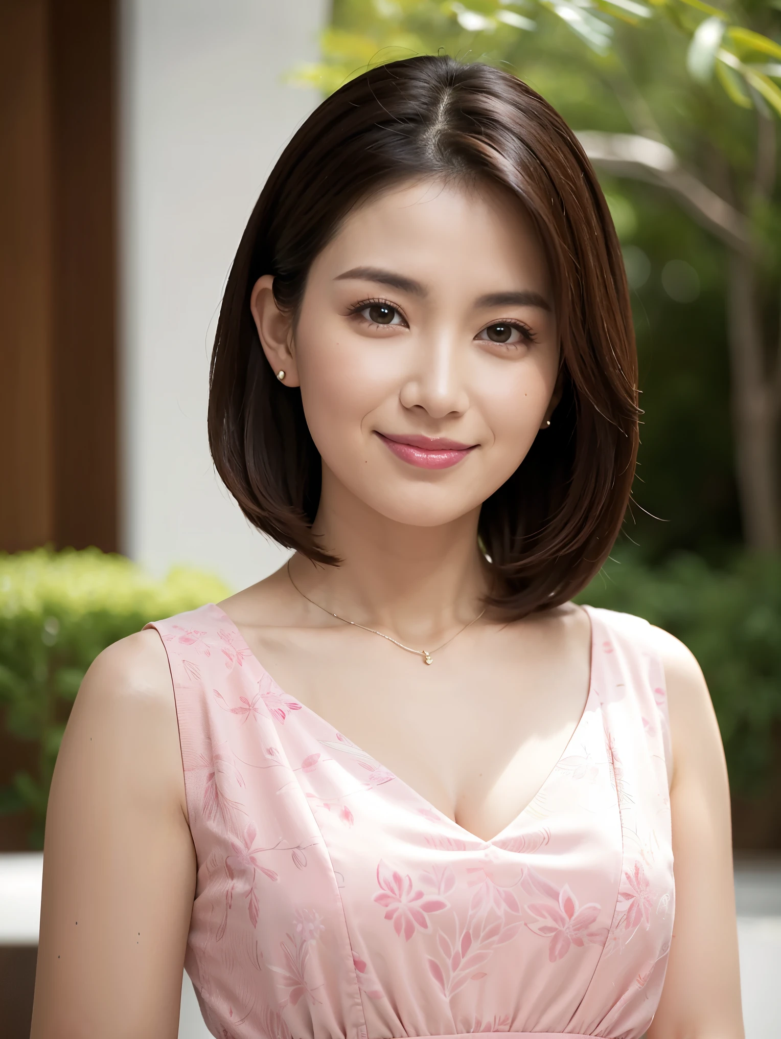 最high quality, In 8K, Masseter muscle area, Lifelike, Sharp focus, high quality, High resolution, Detailed face, Detailed eyes, Thick lips, (Look at the viewers), solo, Middle-aged women, Beautiful woman, Age 35, plum, Beautifully styled hair, Cleavage, Brightly colored patterned dress, Afternoon in front of the park garden