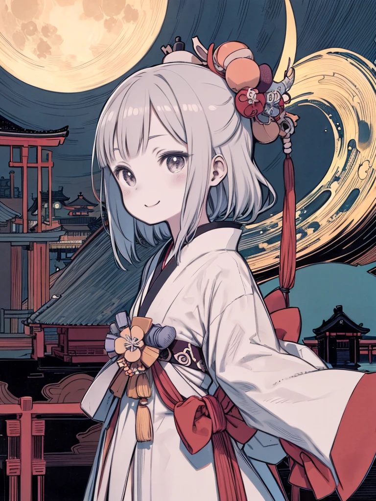 masterpiece、highest quality、High resolution、Very detailed、Beautiful eyeedium wide shot、night、full moon、((((Flat Color))))、Ukiyo-e style、look back、Smiling、Japanese silver grass、