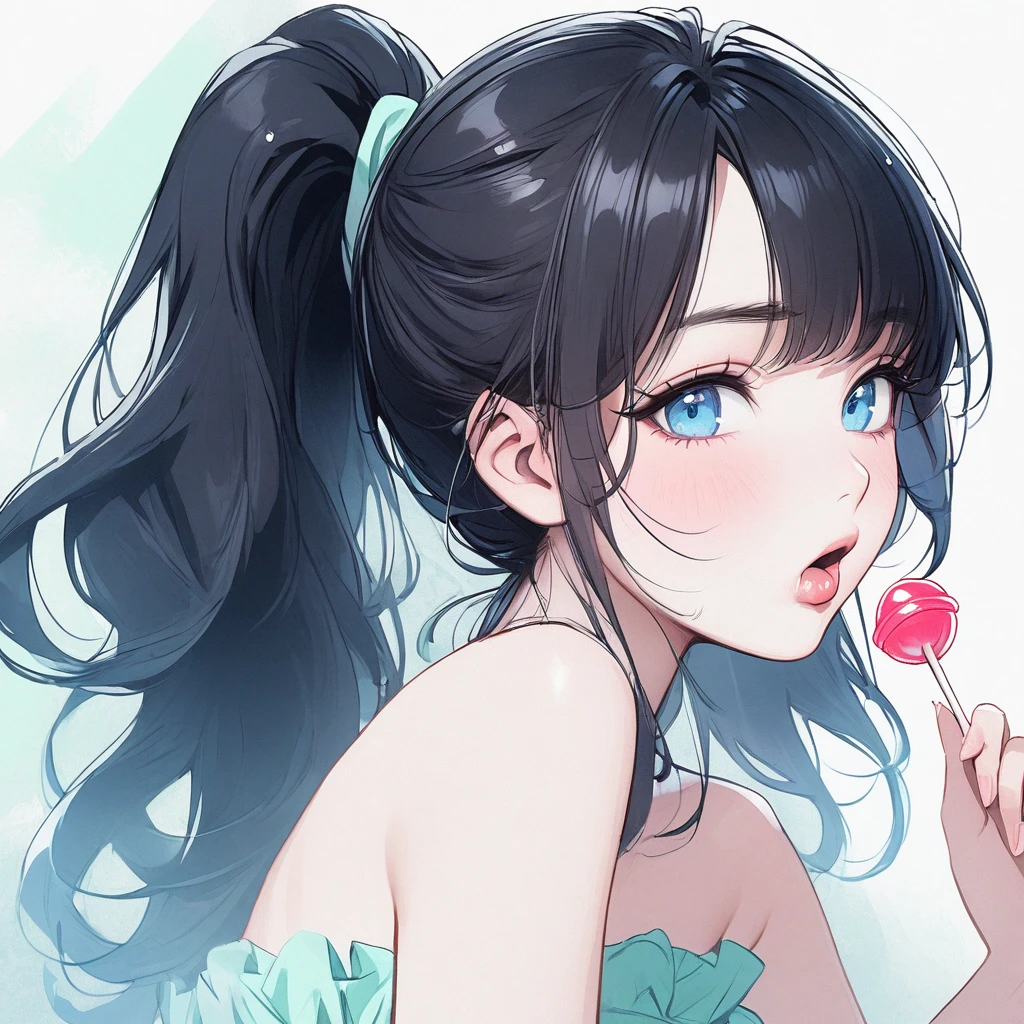 Girl, black hair, blue eyes, beautiful, strapless mint dress, pastel colors, face close-up, flat, ponytail, sucking a lollipop, lipgloss, winking
E