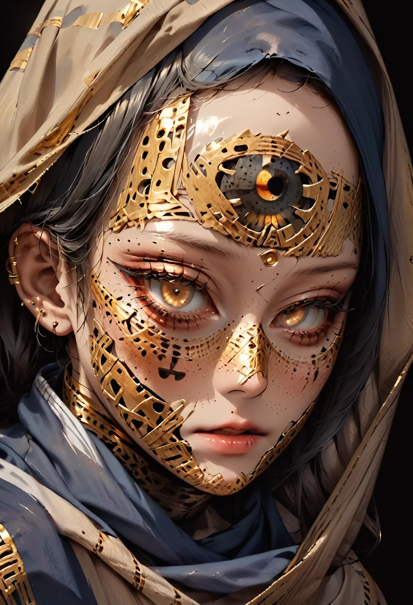 (best quality,highres,ultra-detailed:1.2),close-up of the face of a mummy,covered in bandages with golden hieroglyphics,detailed,golden and glowing eyes,vivid and intense colors,dark circles,realistic,graphic art,terror