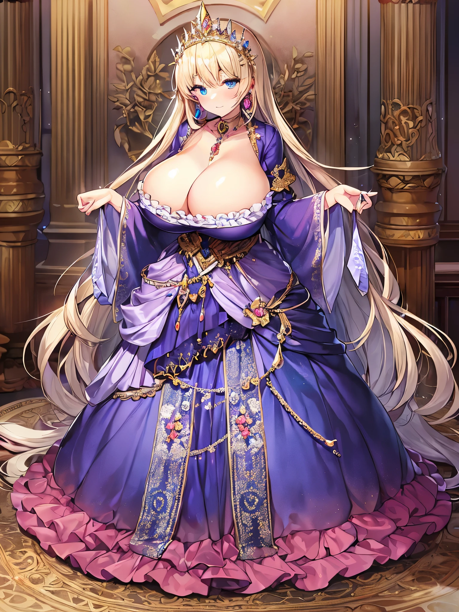 ((moe anime artstyle)),((Masterpiece)),(Best Quality),((Super Detail)),((Very Delicate and Beautiful)),((Solo)),full body,((full body)),(((1 bling-bling princess in beautiful embroidery and jeweled gorgeous rococo princess ballgown with voluminous full length hoop skirt))),((((absurdly gigantic tits,absurdly sagging tits)))),((cleavage)),Skindentation,((detailed face and eyes)),jewel-like eyes,((crinoline,long train)),((standing in royal palace)),super detailed voluminous gorgeous rococo princess ballgown with voluminous full length hoop skirt,(((bling-bling voluminous gorgeous rococo princess ballgown with beautiful embroidery and jeweled))),((Very Long Straight Hair,large amount of straight hair, absurdly long Straight hair)),extremely gorgeousfull hair ornament,(extremely gorgeous jeweled big tiara),luxurious jewelry,full body,((beautiful embroidery and jeweled gorgeous rococo princess ballgown with voluminous full length hoop skirt))