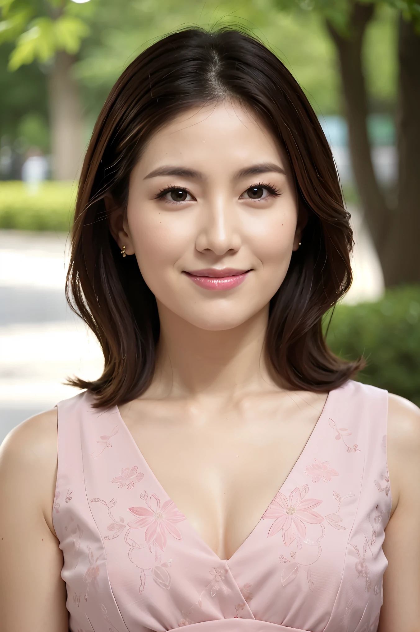 最high quality, In 8K, Masseter muscle area, Lifelike, Sharp focus, high quality, High resolution, Detailed face, Detailed eyes, Thick lips, (Look at the viewers), solo, Middle-aged women, Beautiful woman, Age 35, plum, Beautifully styled hair, Cleavage, Brightly colored patterned dress, Afternoon in front of the park garden