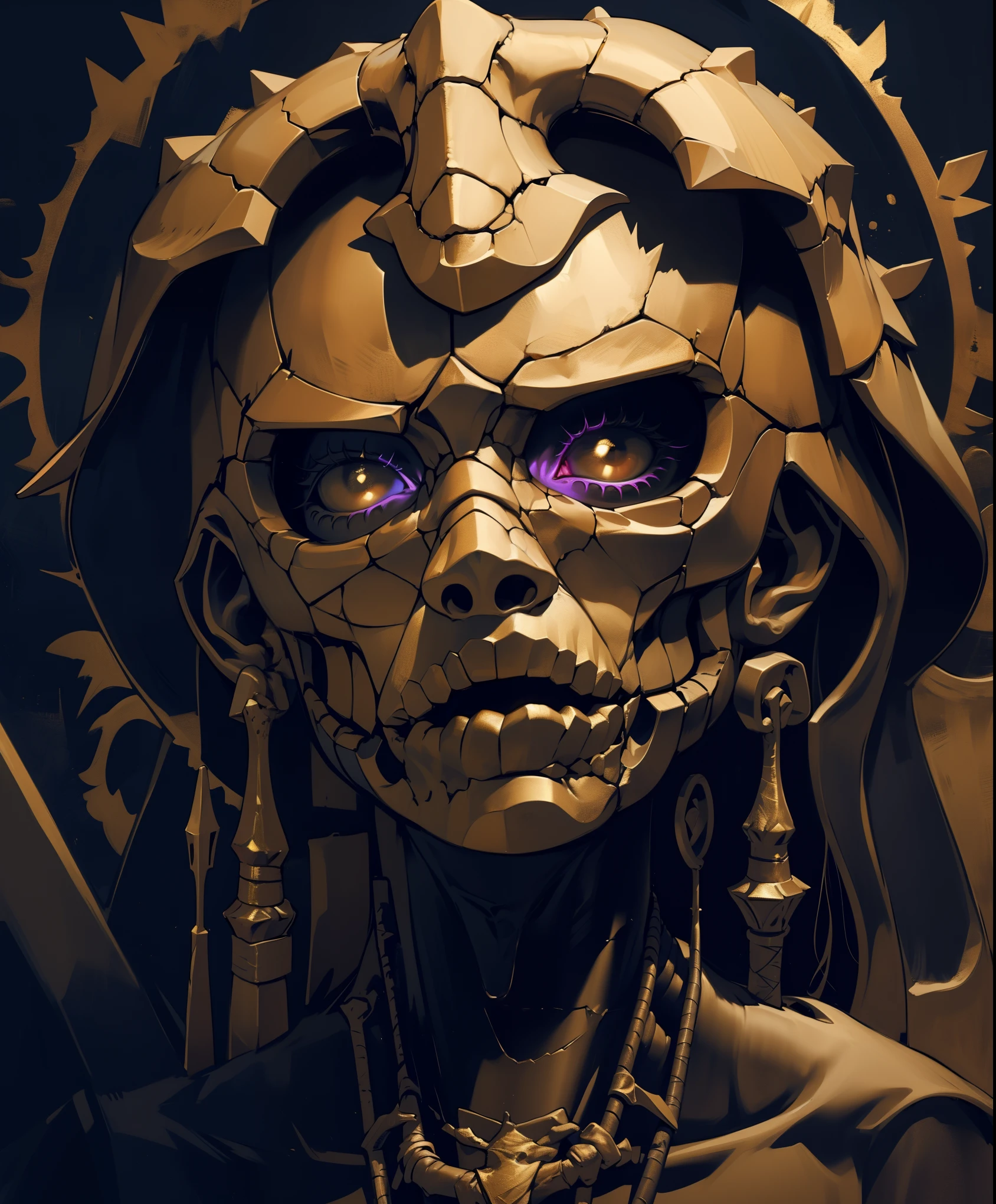 (best quality,highres,ultra-detailed:1.2),close-up of the face of a mummy,covered in bandages with golden hieroglyphics,detailed,golden and glowing eyes,vivid and intense colors,dark circles,realistic,graphic art,terror