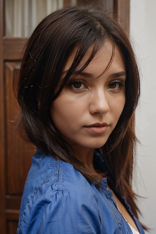 mujer madura, cabello rojo, lenceria azul