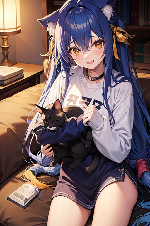 anime girl with blue long hair dreadlocks, eyes yellow, smile, sweatshirt, with cat demon