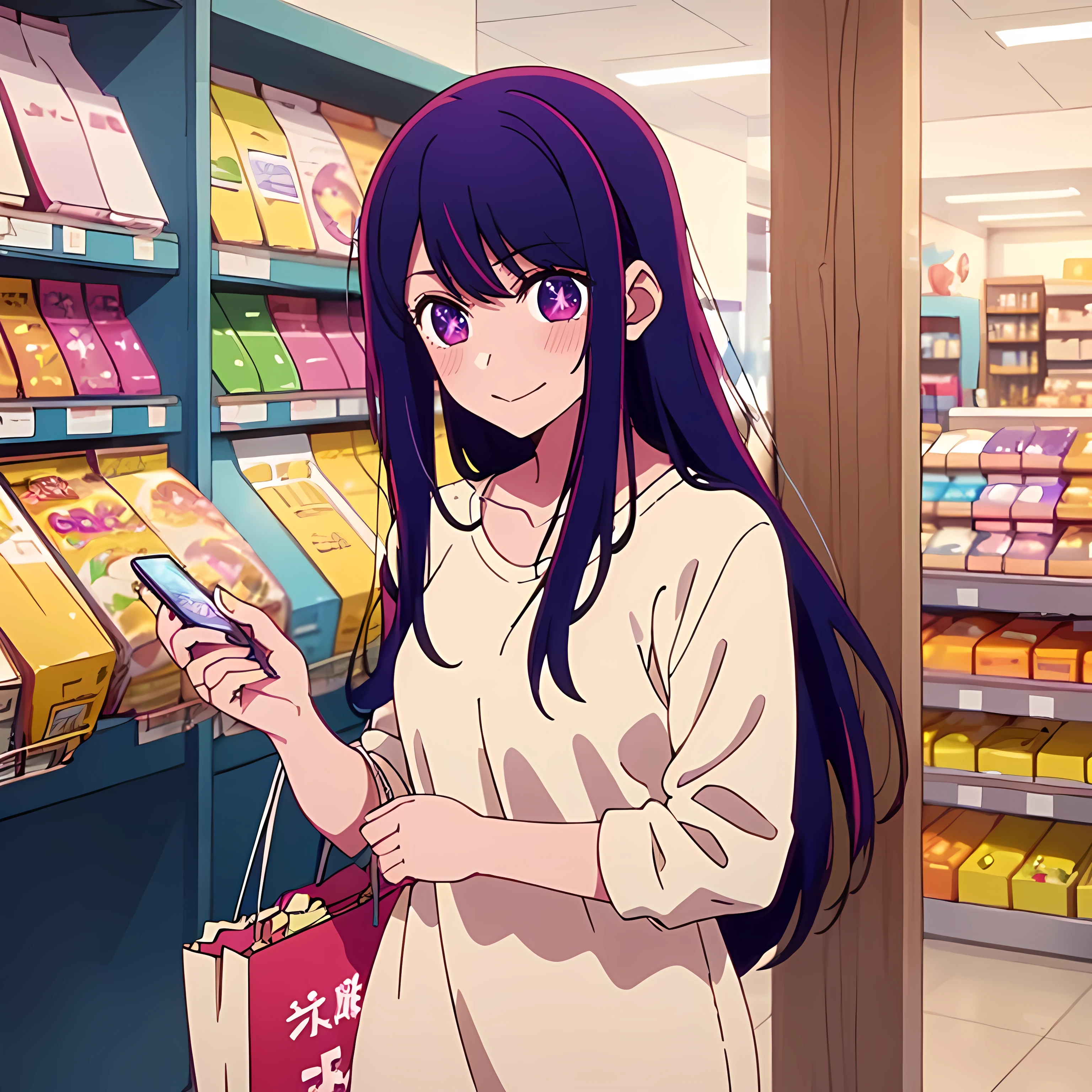 best quality,highly detailed,1girl solo,direct eye contact,soft lighting,anime, Anime girl with long hair and purple eyes, Anime Girl、A slight smile、Ai Hoshino, highres,vibrant colors, cute, 1girl, solo, purple hair, store, shopping cart, shopping, casual clothes, wide view, solo, shopping, walking down lane,