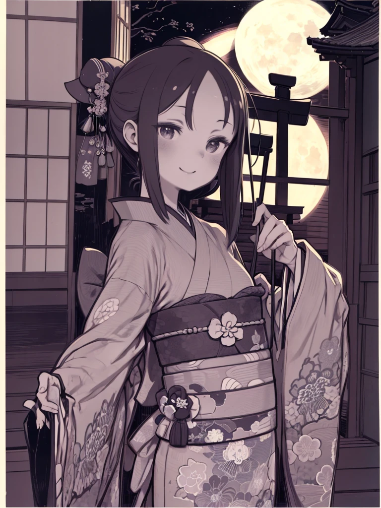 masterpiece、highest quality、High resolution、Very detailed、Beautiful eyeedium wide shot、Mature Woman、night、full moon、((((Flat Color))))、Ukiyo-e style、look back、Smiling、kimono、kimono、kimono、