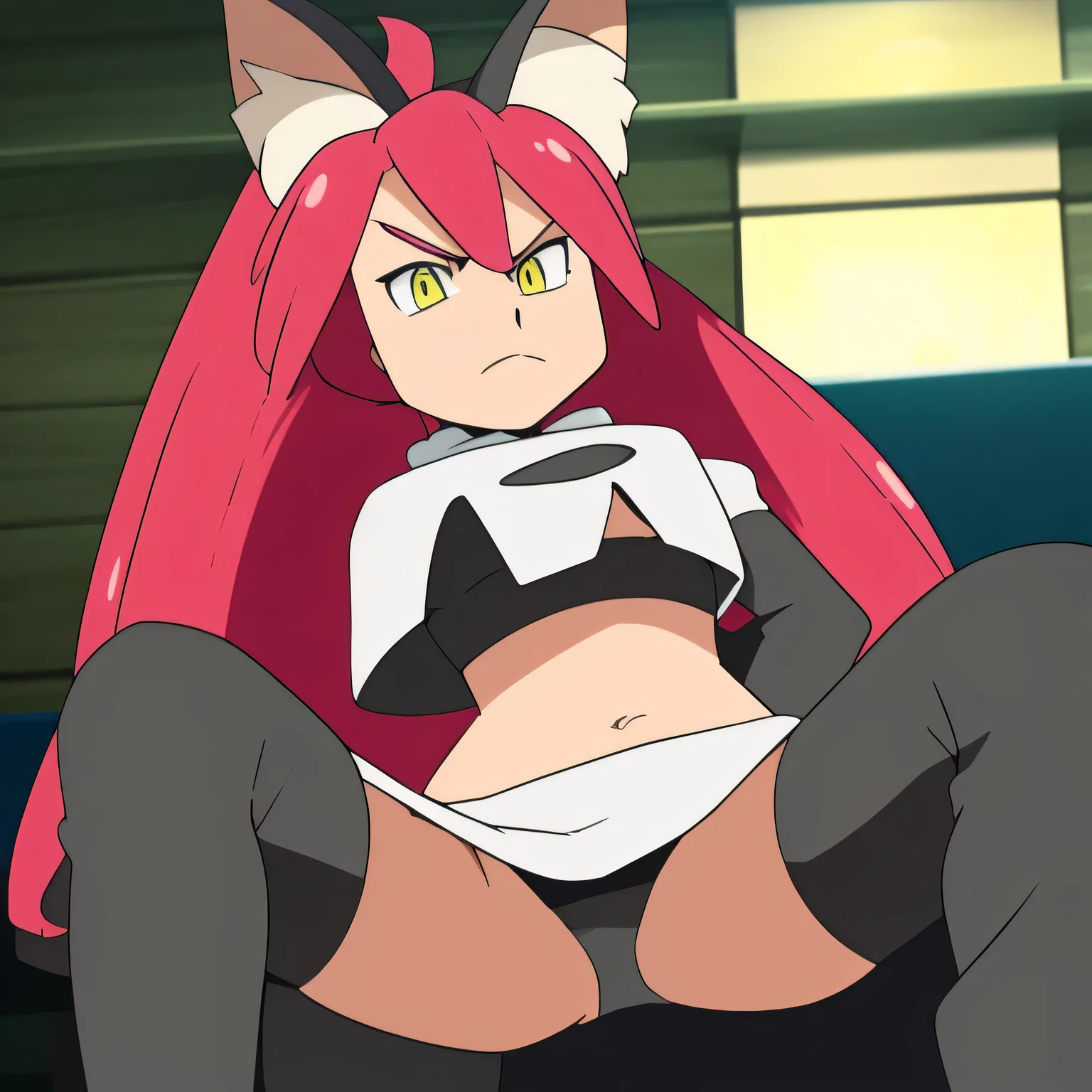 ((team rocket uniform,red letter r,white skirt,white crop top,black thigh-high boots,black elbow gloves,glaring angrily,looking at viewer,hands on hips,from below)),(best quality,4k,8k,highres,masterpiece:1.2),ultra-detailed,(realistic,photorealistic,photo-realistic:1.37),((HDR,UHD,studio lighting,extreme detail description,professional,portraits,red color scheme,dramatic lighting)),{{sexy squat on toilet, spread legs,black panties,aria, yellow eyes, pink hair, very long hair, fox ears, fox tail, hair bow, yellow bow,UHD}}