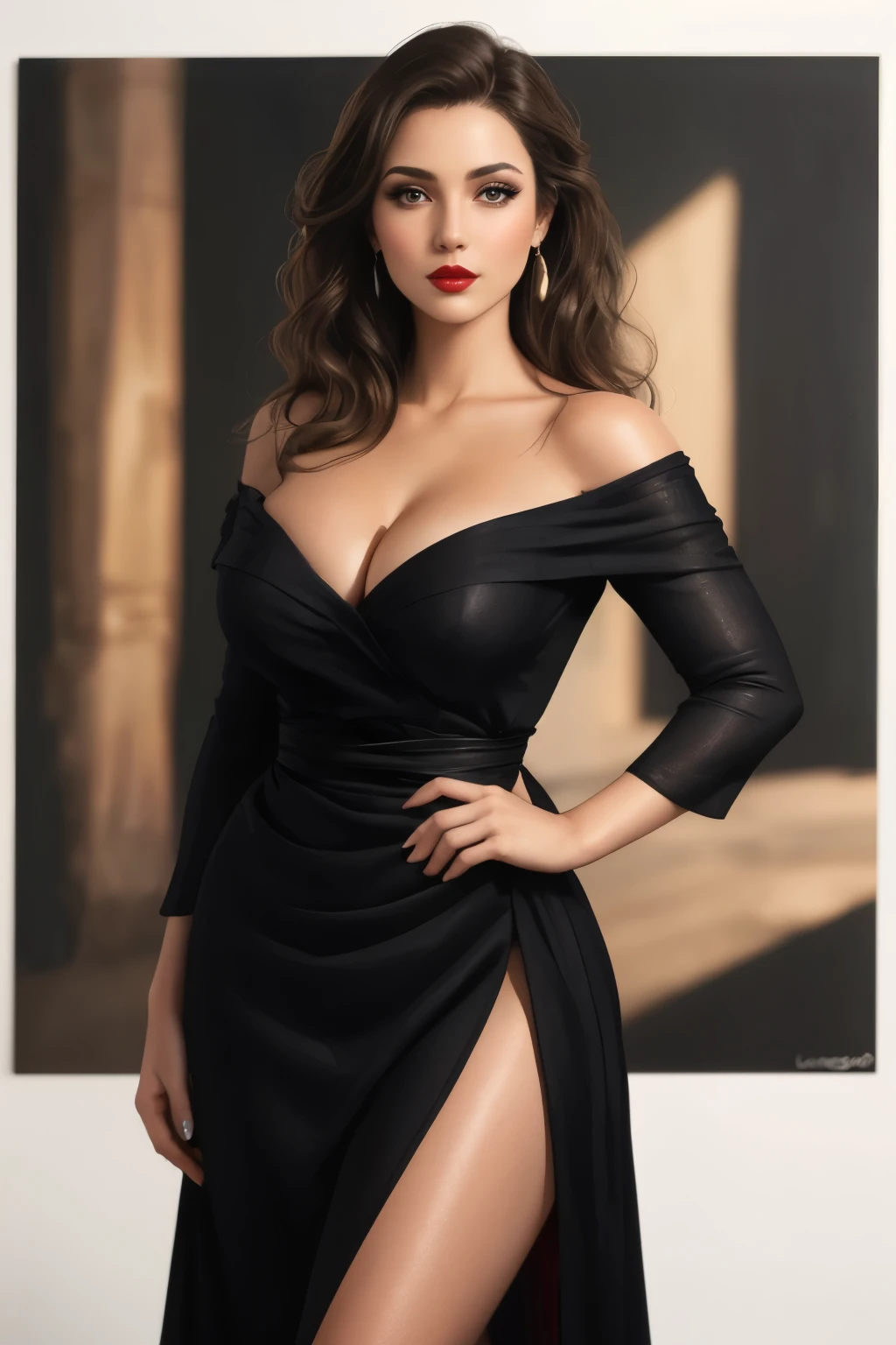 wiFull body view, ultra realistic digital painting, ultra detailed illustration, beautiful ukrainian female, Sybil, age 28, long brunette wavy hair, brown detailed eyes, light makeup, red lipstick, wearing black off the shoulder bardot dress, ultra realistic illustration, highly detailed accessories, intimate, open minded, digital painting, art station, concept art, sharp soft focus, illustration, 8k, 8 life size, big bossom, cleavage, tight waist, nice hip