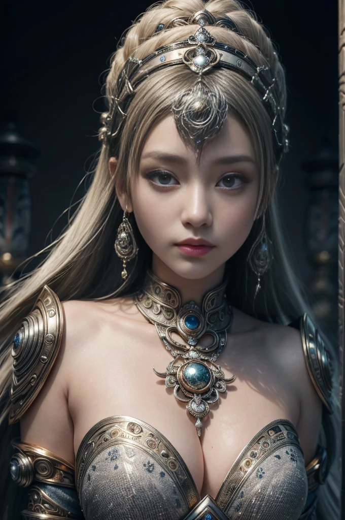 (high quality), (masterpiece), (detailed), 8k, Surrealistic depiction of futurism (1 girl 1.2), Japanese characters and totem elements in a silver themed environment. Meticulous detail captures the seamless blend of tradition and innovation in this visually stunning work. Popular on artstation.