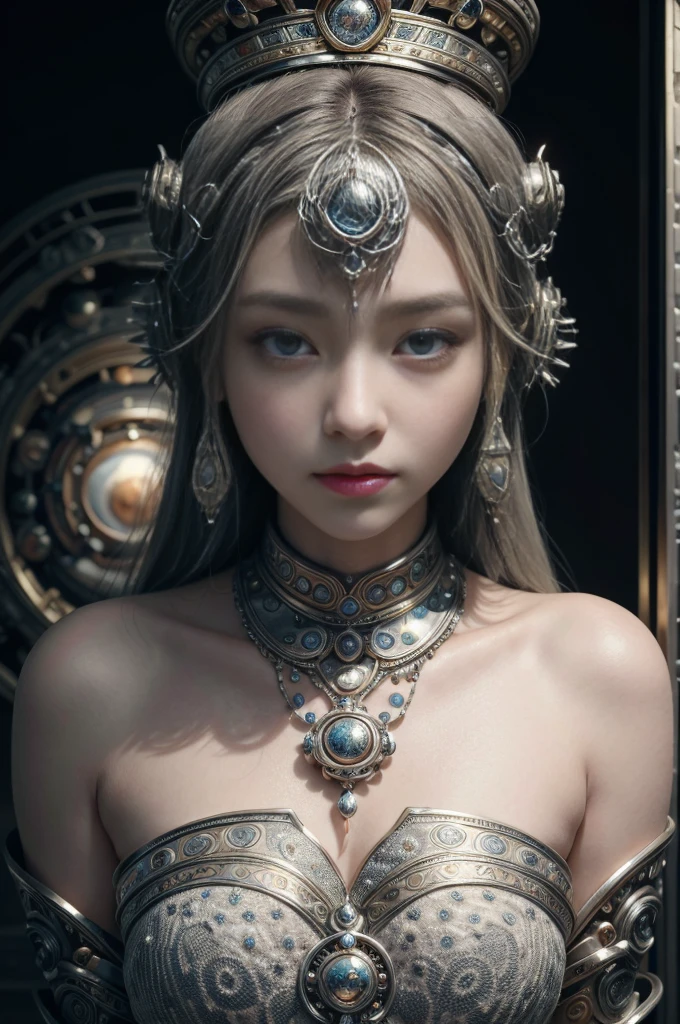 (high quality), (masterpiece), (detailed), 8k, Surrealistic depiction of futurism (1 girl 1.2), Japanese characters and totem elements in a silver themed environment. Meticulous detail captures the seamless blend of tradition and innovation in this visually stunning work. Popular on artstation.