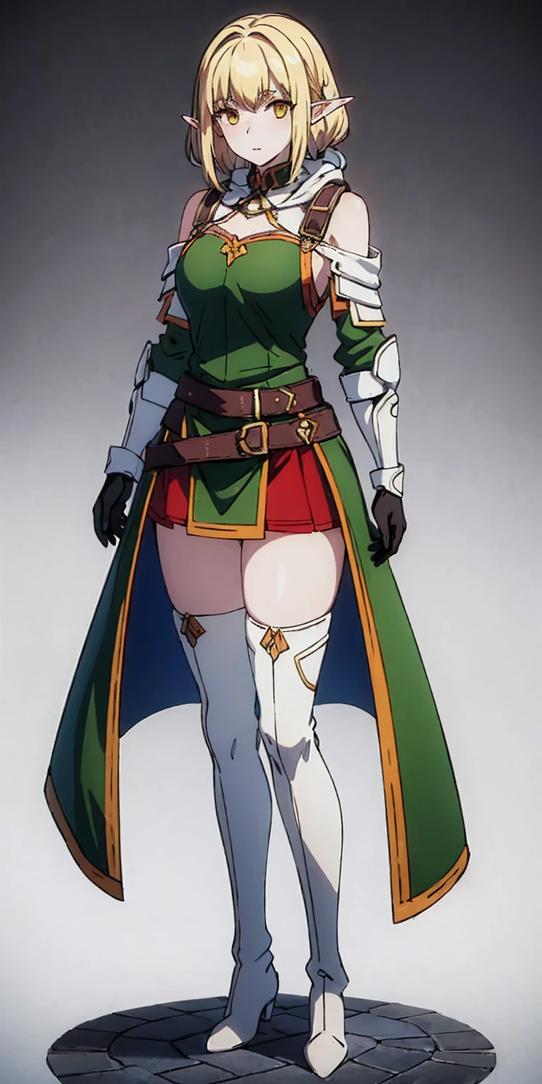 masterpiece, best quality, high quality, white SKIN elf, long hair, white hair, yellow eyes, full body, def_effie, blue breastplate, white skin, looking at viewer, shiny armor, thigh highs, high boots, shoulder armor, faulds, poleyn, gloves, gauntlets