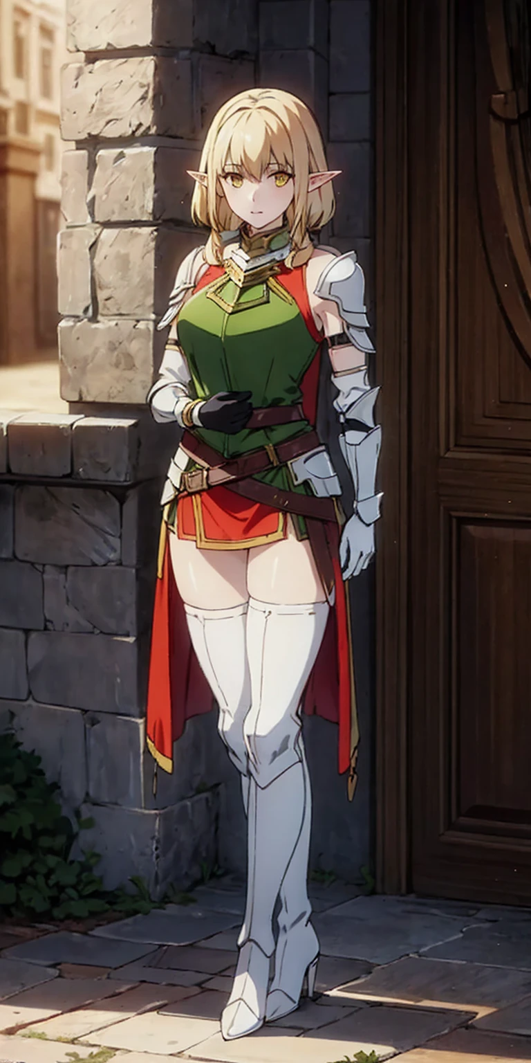 masterpiece, best quality, high quality, white SKIN elf, long hair, white hair, yellow eyes, full body, def_effie, blue breastplate, white skin, looking at viewer, shiny armor, thigh highs, high boots, shoulder armor, faulds, poleyn, gloves, gauntlets