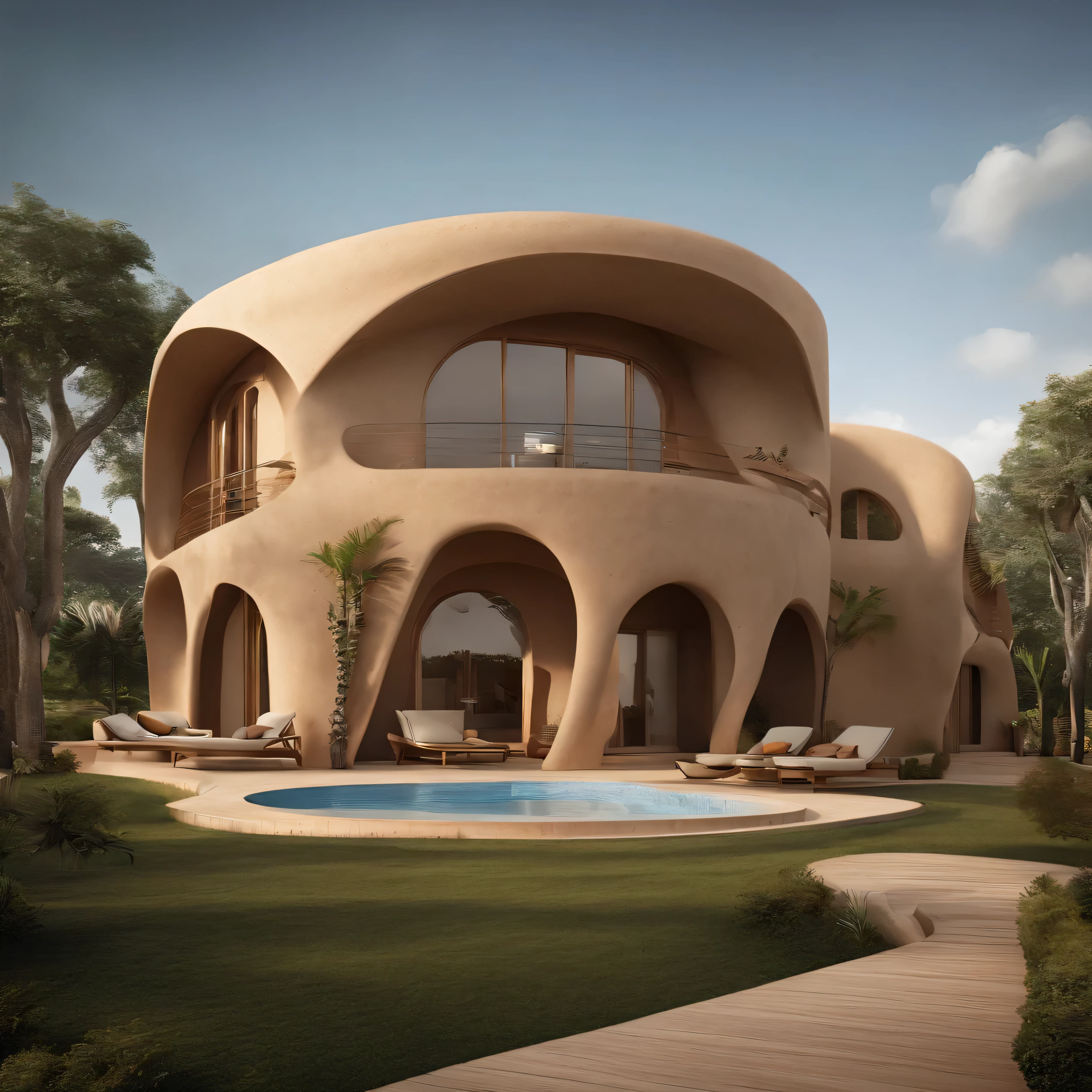 A modern Malian residence with Bogolan elements in its facade. The curved building must be designed in accordance with traditional Malian architecture, using local materials such as mud and wood. The facade should be decorated with Bogolan motifs, creating a unique pattern on the exterior walls. Colors should be earthy, reflecting the natural dyes used in Bogolan textiles. 