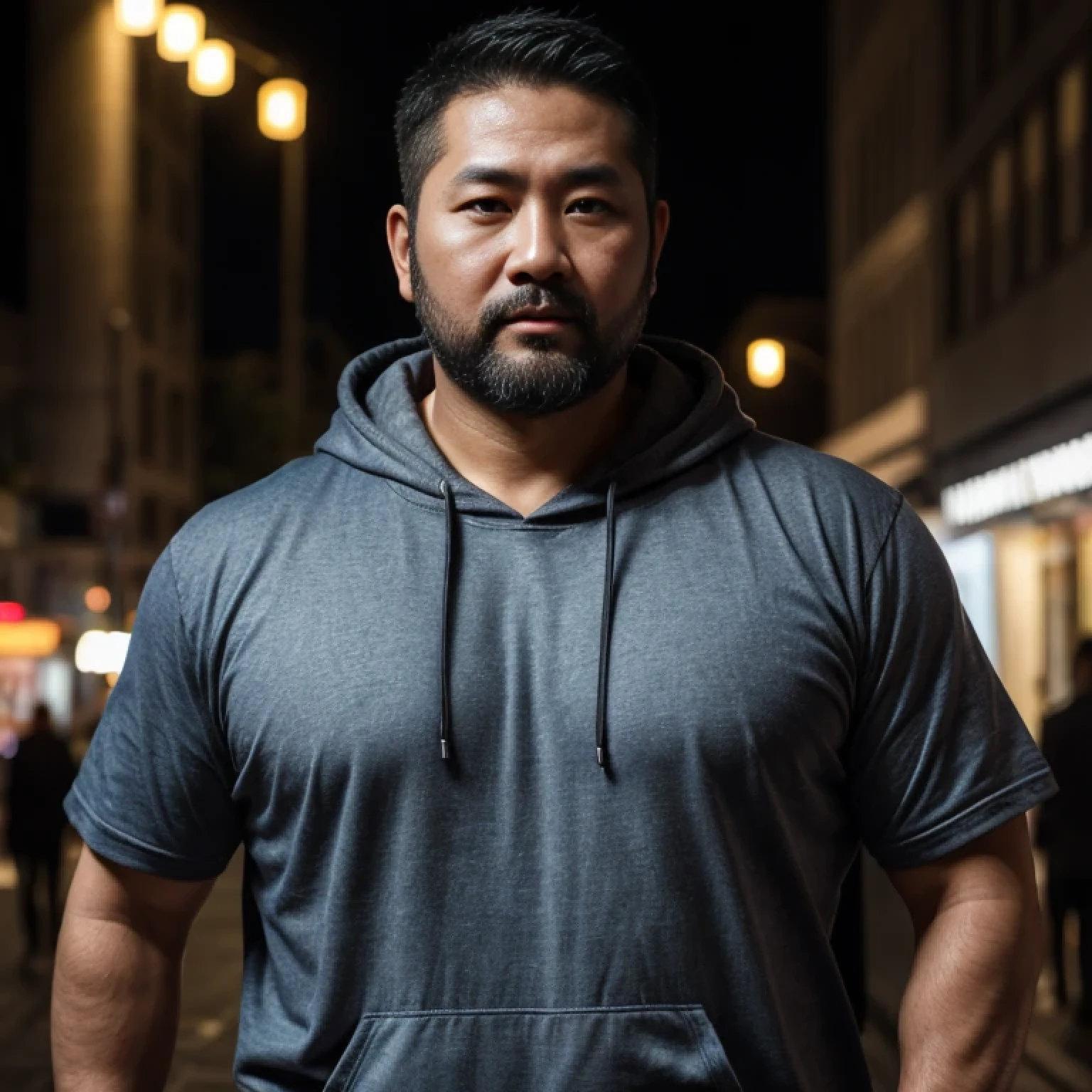 An award-winning original photo，A wild plump east asian uncle man, (39 years old daddy:1.1), 1boy, Solo, handsome, nerdy, stubbles, Short beard, small eyes,  detailed eyes:1.1, big round face shape, (Detailed face:1.3), crew cut hair,  hood T-shirt, volumetric lighting, (Best quality, A high resolution, Photorealistic), Cinematic lighting, Masterpiece, in the street,  RAW photo, Intricate details, hdr, depth of field, upper body shot, 
