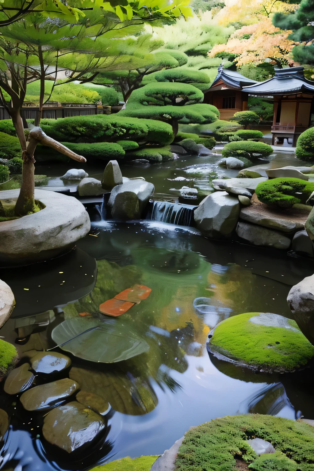 Japanese garden with a river running through the center