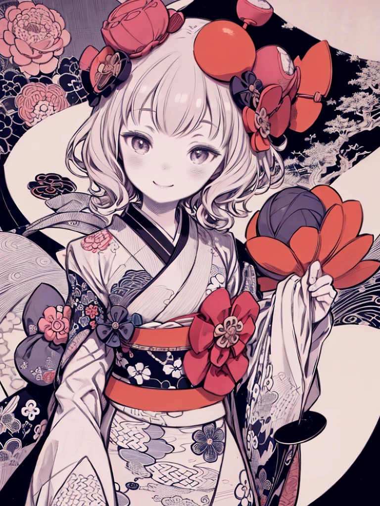 masterpiece、highest quality、High resolution、Very detailed、Beautiful eyeedium wide shot、Mature Woman、night、full moon、((((Flat Color))))、Katsushika Hokusai Style、look back、Smiling、kimono、kimono、kimono、