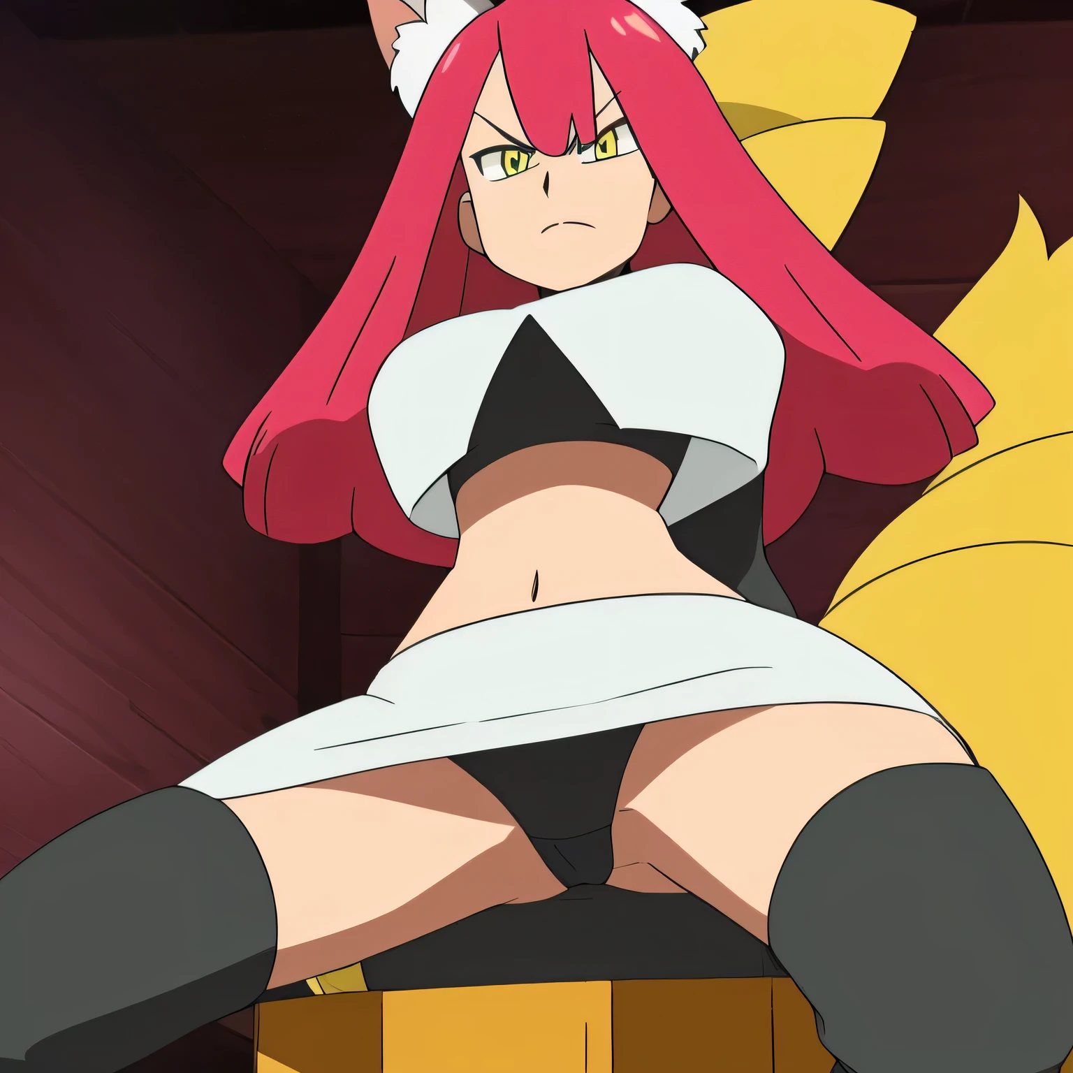 ((team rocket uniform,red letter r,white skirt,white crop top,black thigh-high boots,black elbow gloves,glaring angrily,looking at viewer,hands on hips,from below)),(best quality,4k,8k,highres,masterpiece:1.2),ultra-detailed,(realistic,photorealistic,photo-realistic:1.37),((HDR,UHD,studio lighting,extreme detail description,professional,portraits,red color scheme,dramatic lighting)),{{sexy squat on toilet, spread legs,black panties,aria, yellow eyes, pink hair, very long hair, fox ears, fox tail, hair bow, yellow bow,UHD}}