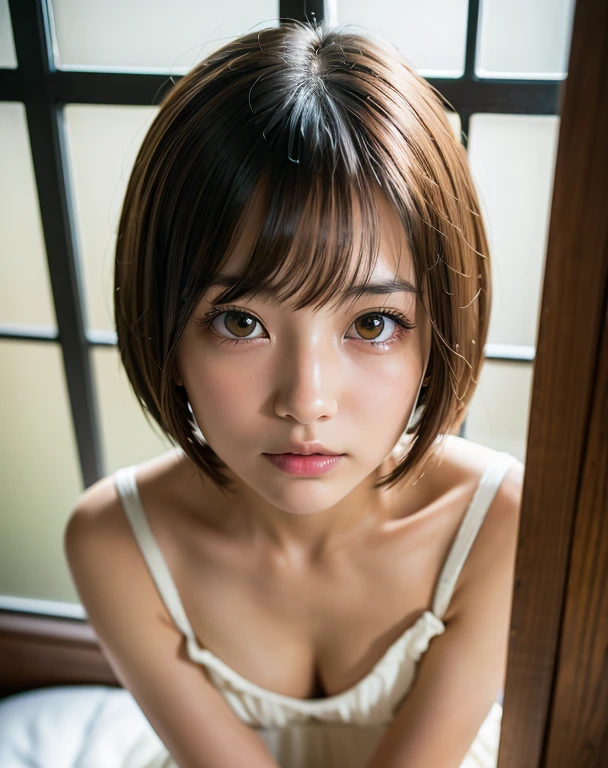 highest quality, Soft Light, Ultra-high resolution, (Realistic:1.4), RAW Photos,
1 Japanese girl, alone, cute, (pupil, light in your eyes),  Beautiful face in every detail, (),(High resolution detail of human skin texture),
(Shortcuts)、Layered Cut、Shaggy、
indoor,window、On the bed、
Night Dress,From above、Perfect Anatomy、